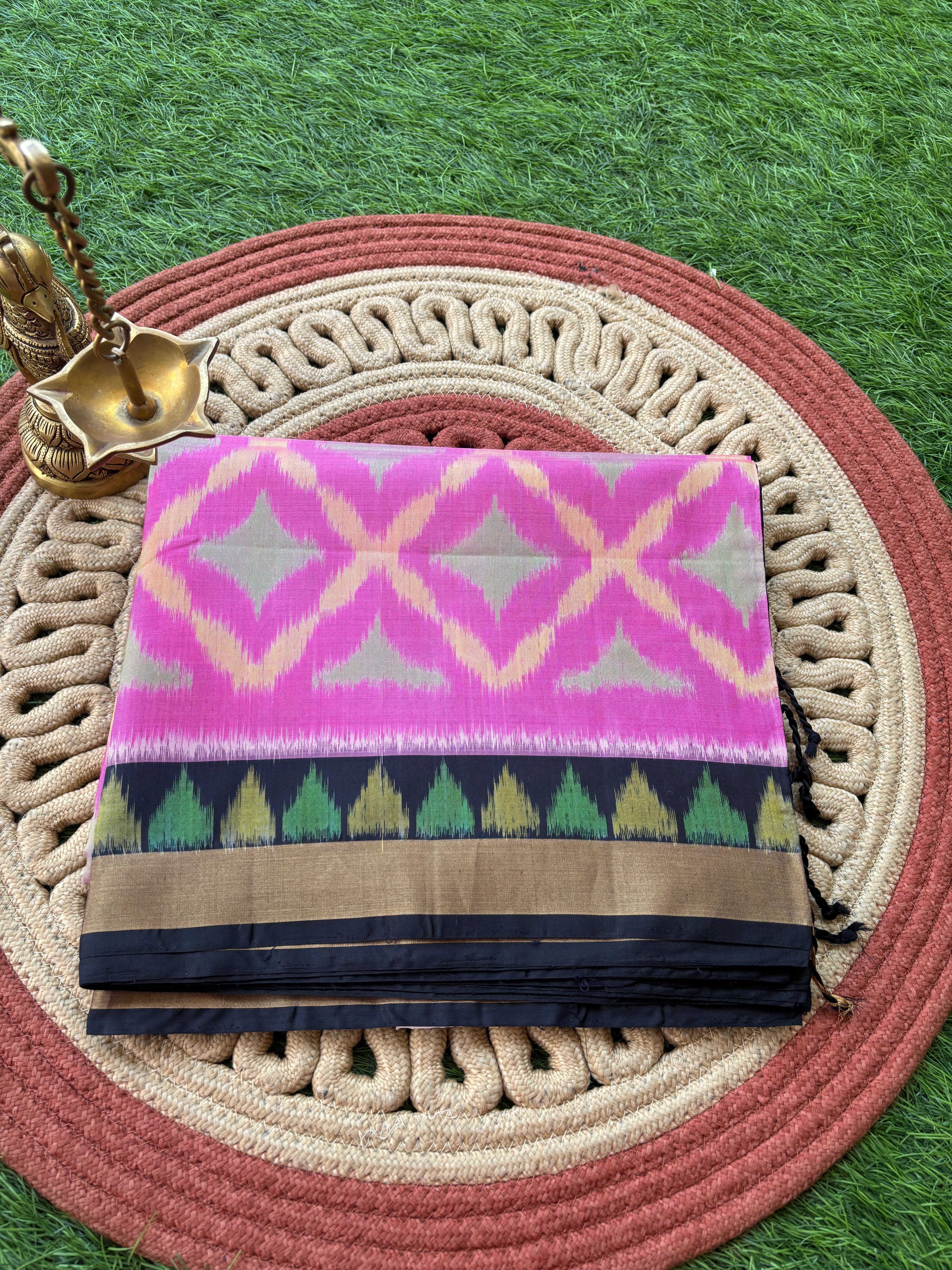 Pure Silk Jamuni (Purple-Pink) Ikat Saree with Black Border and Black Ikat Pallu