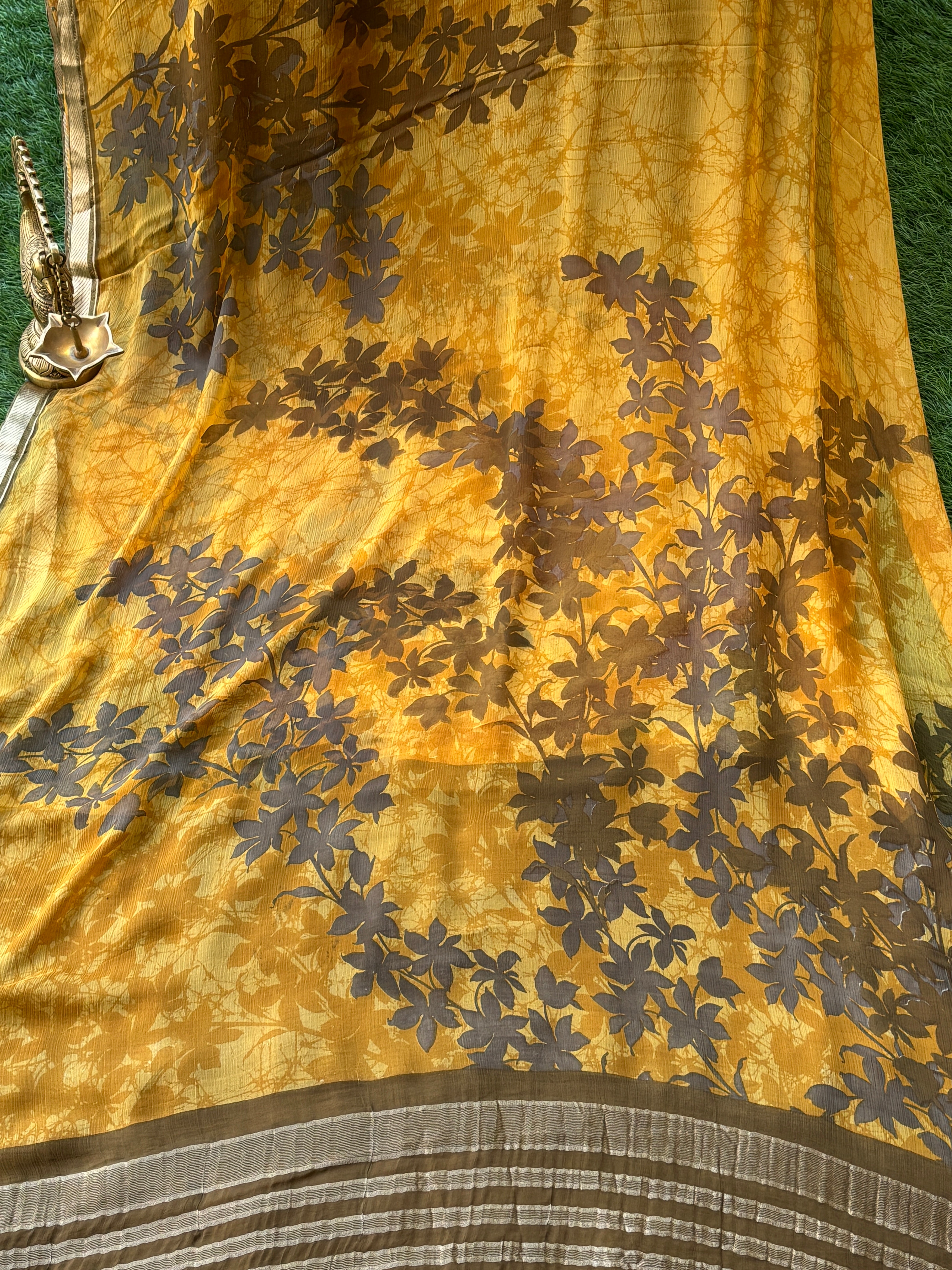 Mango Yellow Pure Georgette Printed Saree with Zari Border
