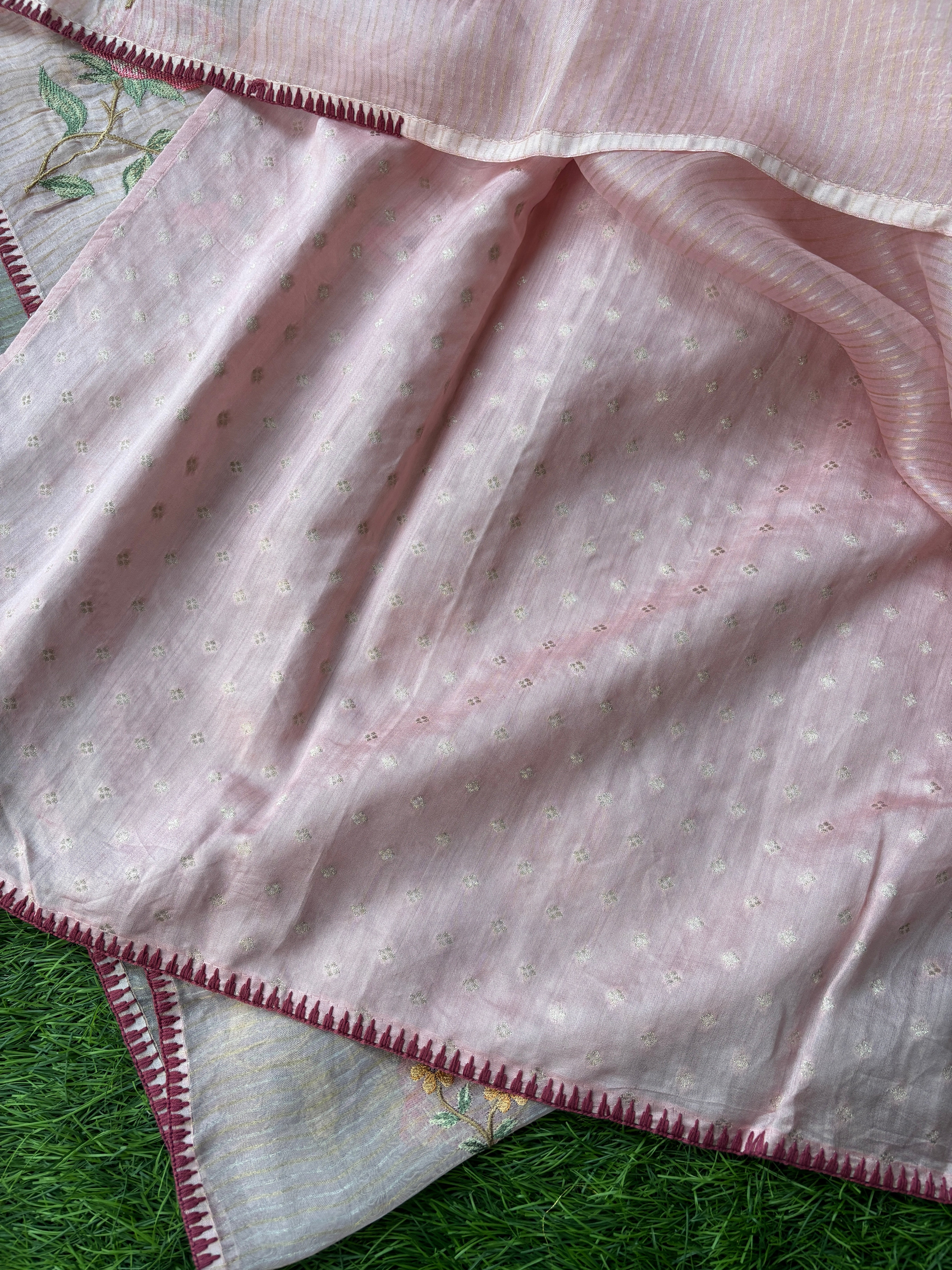 Baby Pink Pure Organza Saree with Floral & Bird Embroidery