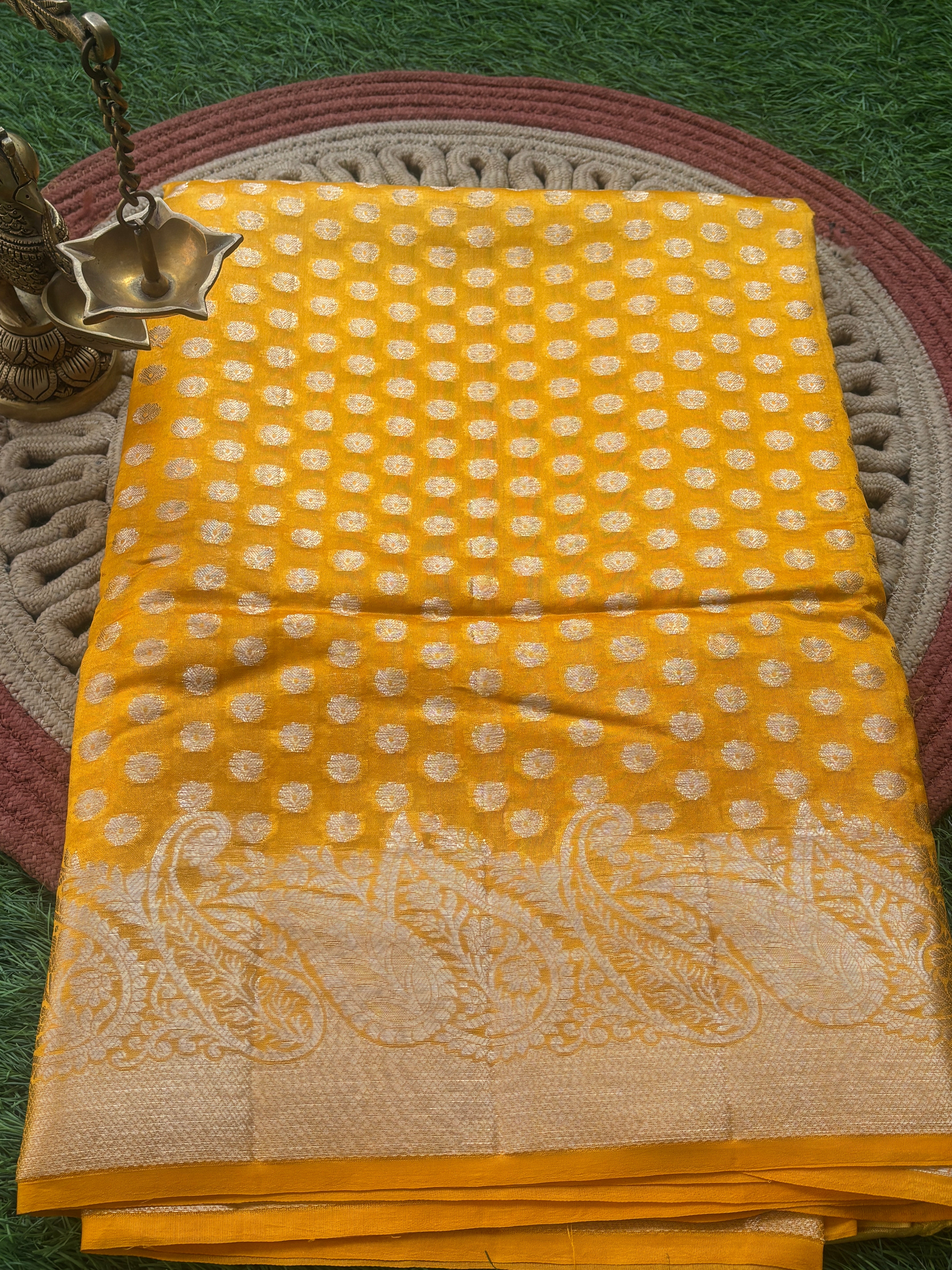 Mango Yellow Pure Dupion Silk Saree with Allover Zari Butta & Zari Border | Chandrika Lifestyles