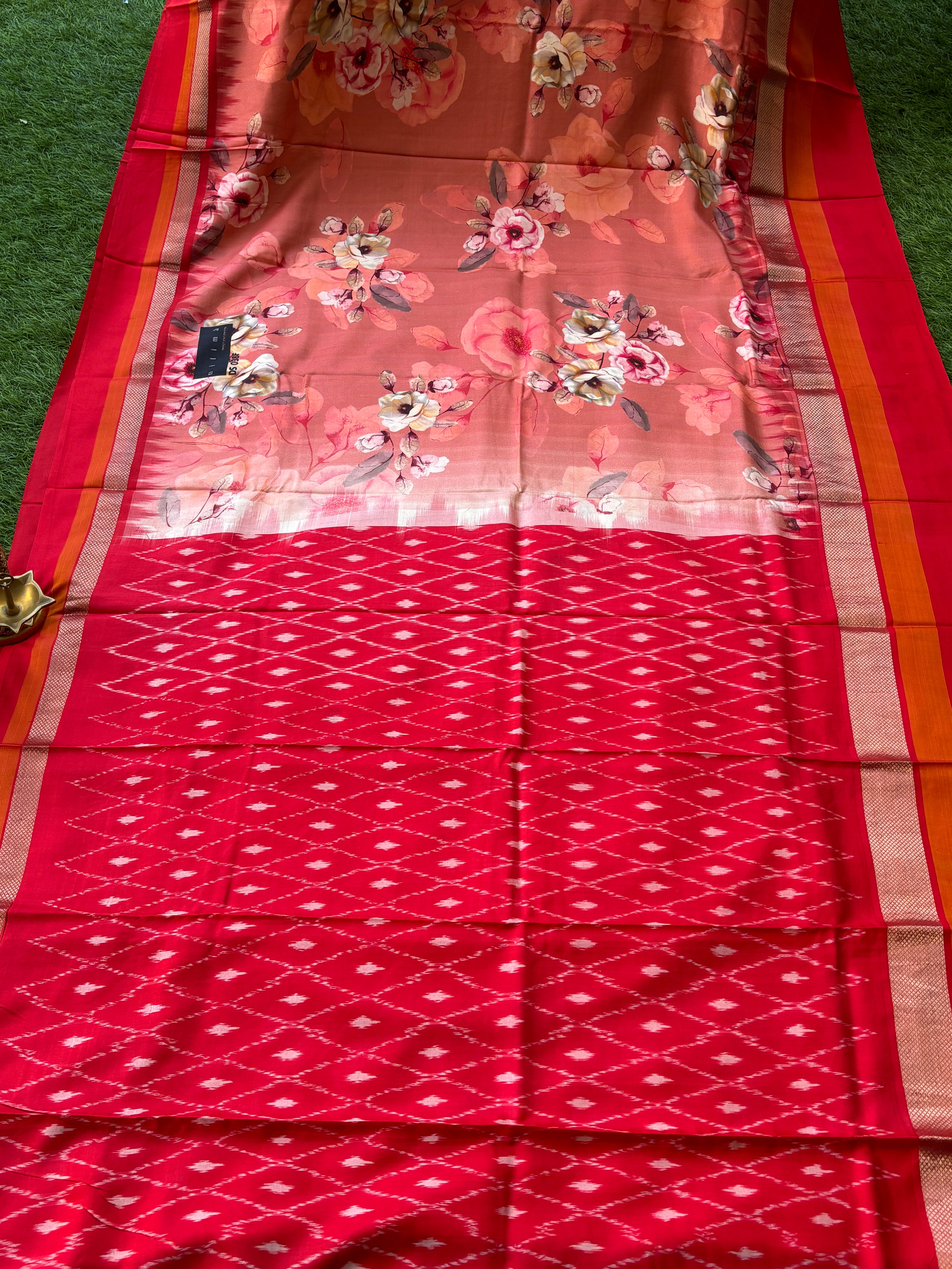 Premium Peach Pink Pure Silk Fabric with Floral Print