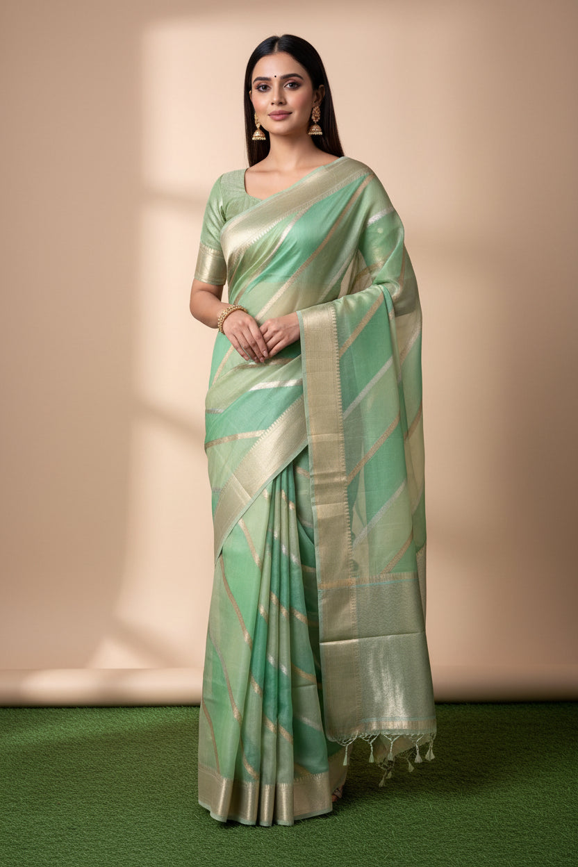 Pista Green Pure Kora Organza Handloom Banarasi Saree with Sonarupa Zari Butti Leheriya