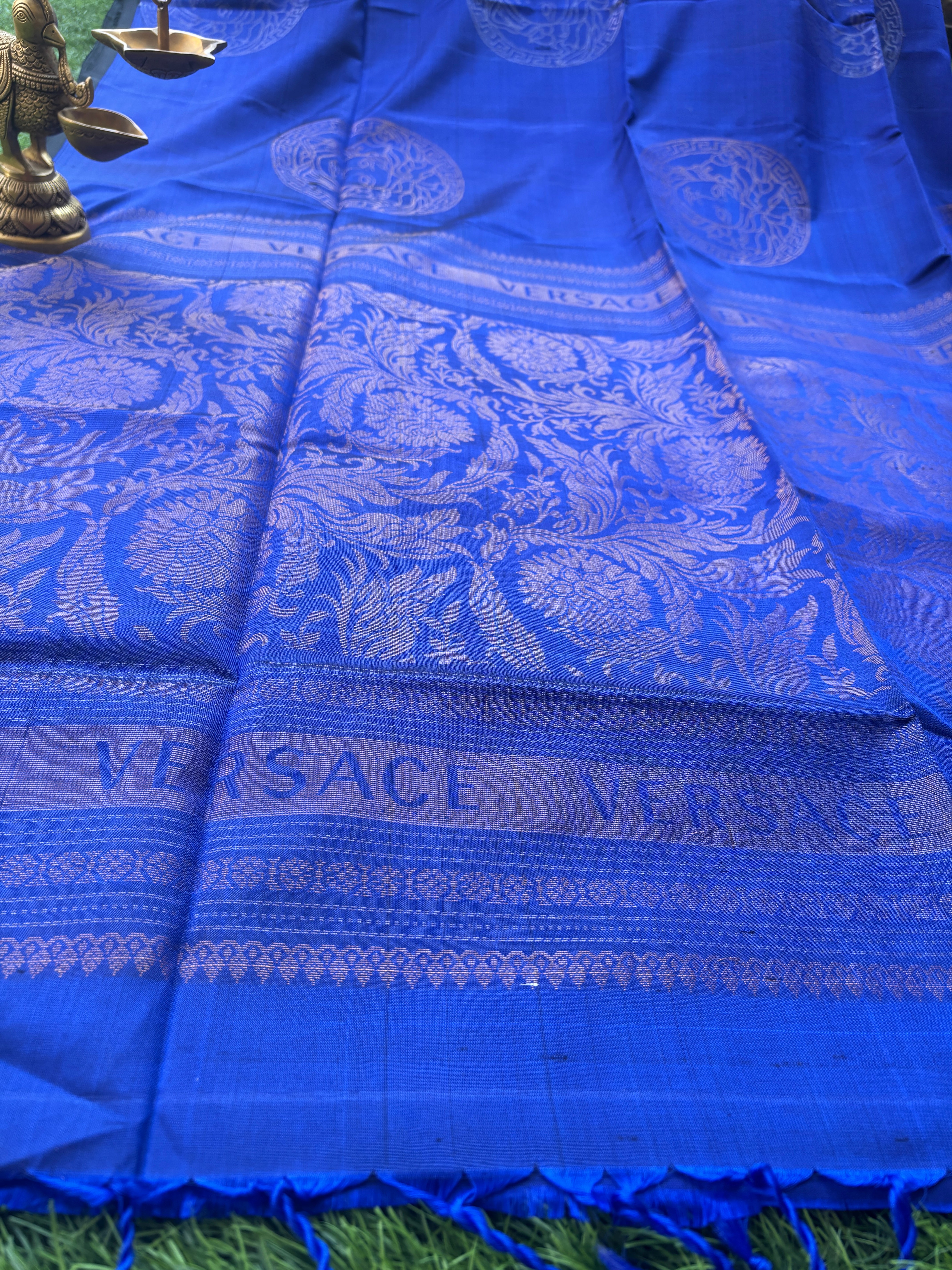 Pure Silk Kanjivaram Royal Blue Borderless Saree with Versace Inspired Weaved Buttas