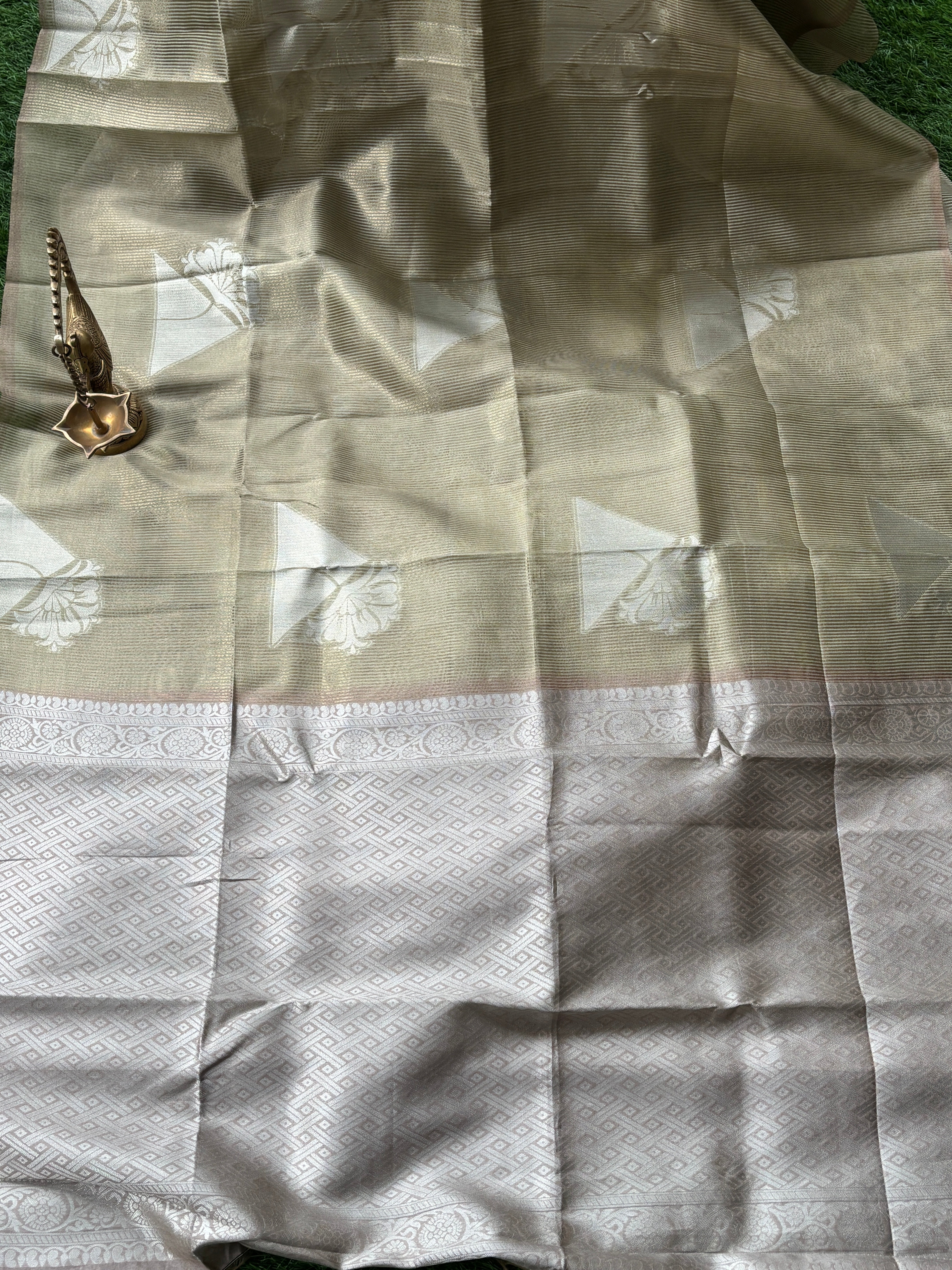 Elegant Beige Art Tussar Saree with Geometrical Buttas & Zari Stripes