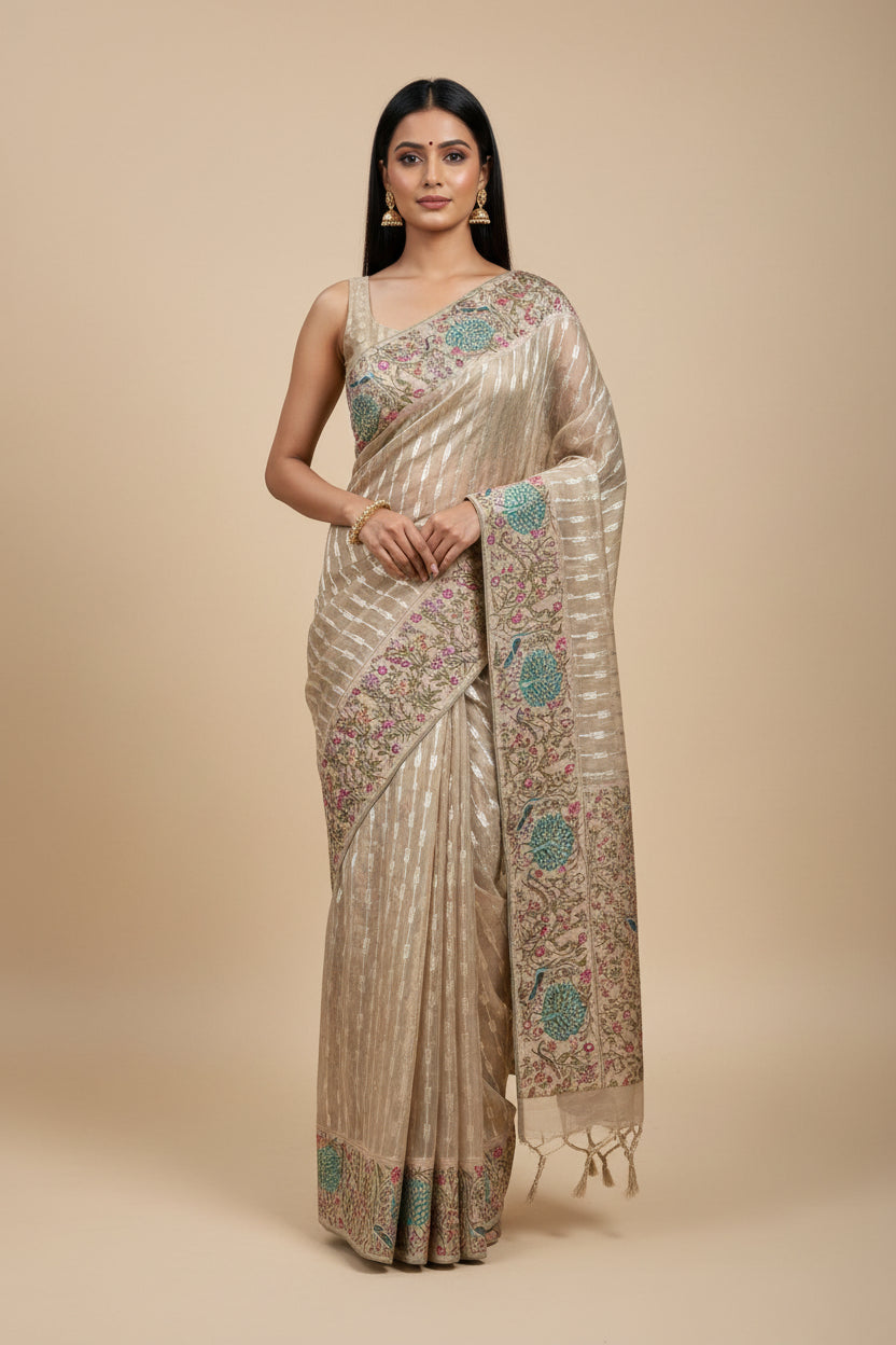Beige Tissue Kora Saree with Figure Embroidery & Allover Zari Weaving | Chandrika Lifestyles