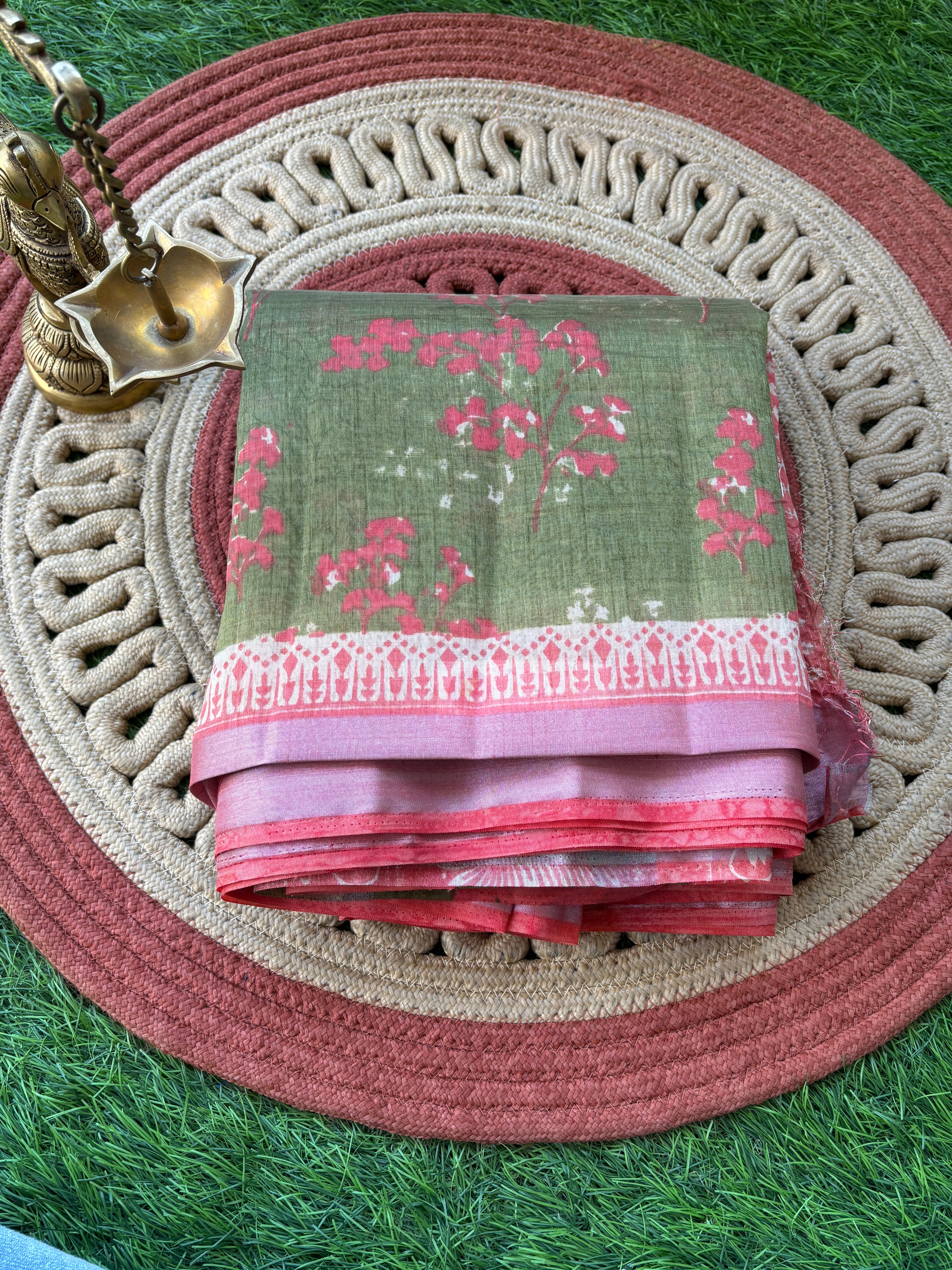 Olive Green Mercerized Cotton Saree with Allover Digital Print | Chandrika Lifestyles