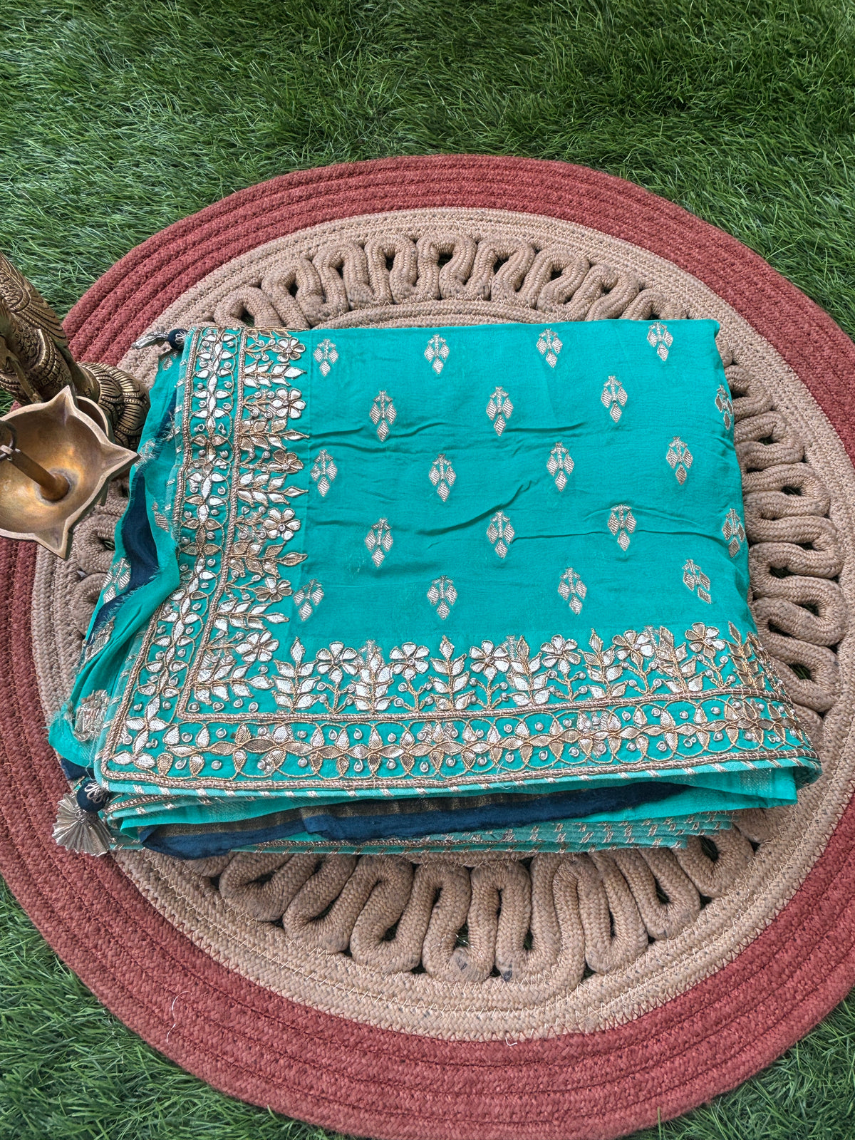 Royal Sea Green Pure Muga Silk Saree with Gota Patti Border & Buta Work (Blue Blouse)