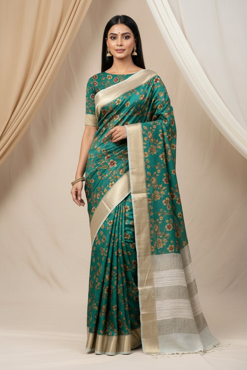 Teal Blue Munga Silk Saree with Allover Digital Print | Chandrika Lifestyles