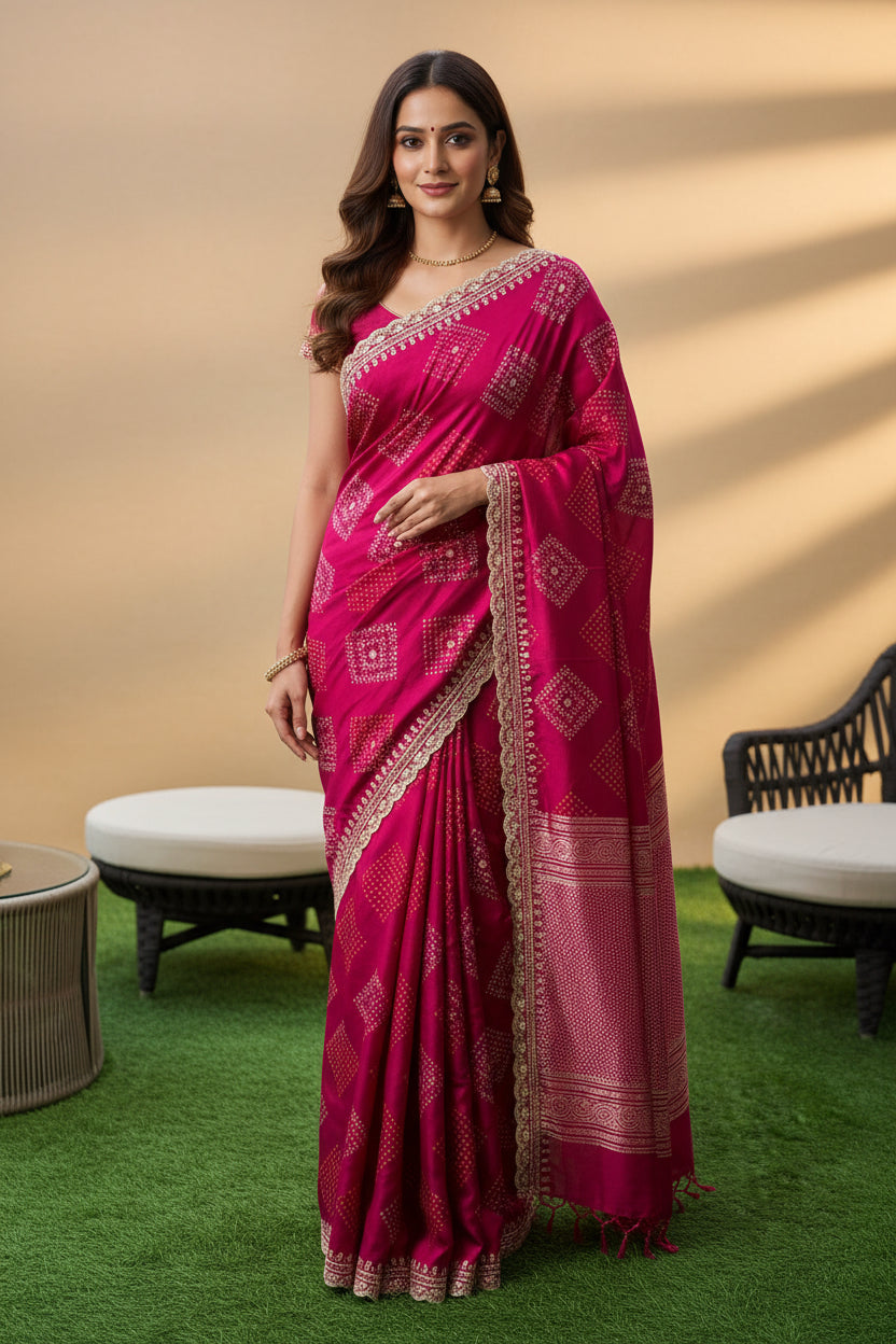 Royal Magenta Designer Crepe Silk Saree with Printed Bandhej & Designer Border