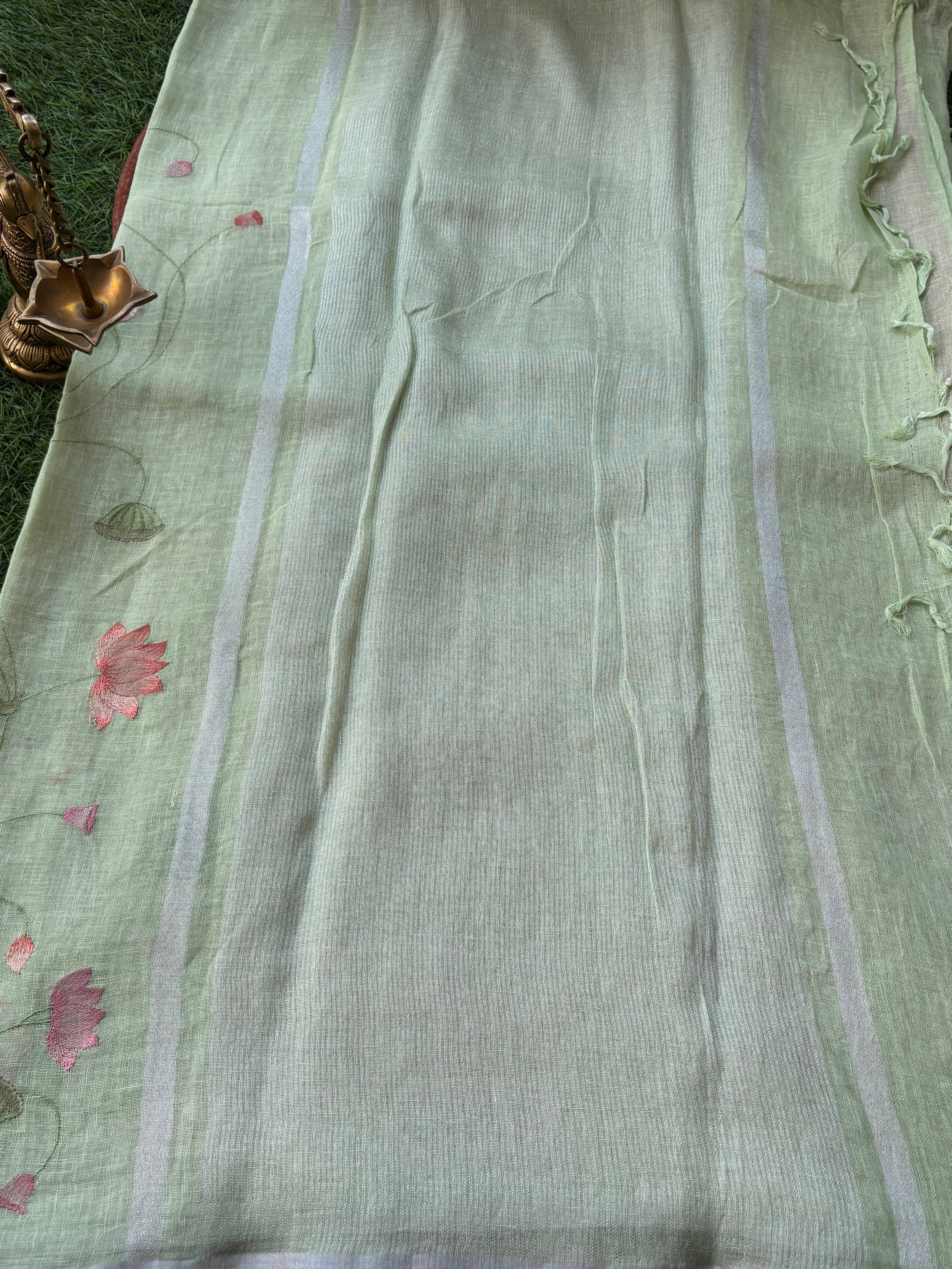 Pista Green Pure Linen Saree with Embroidery and Pink Contrast Blouse