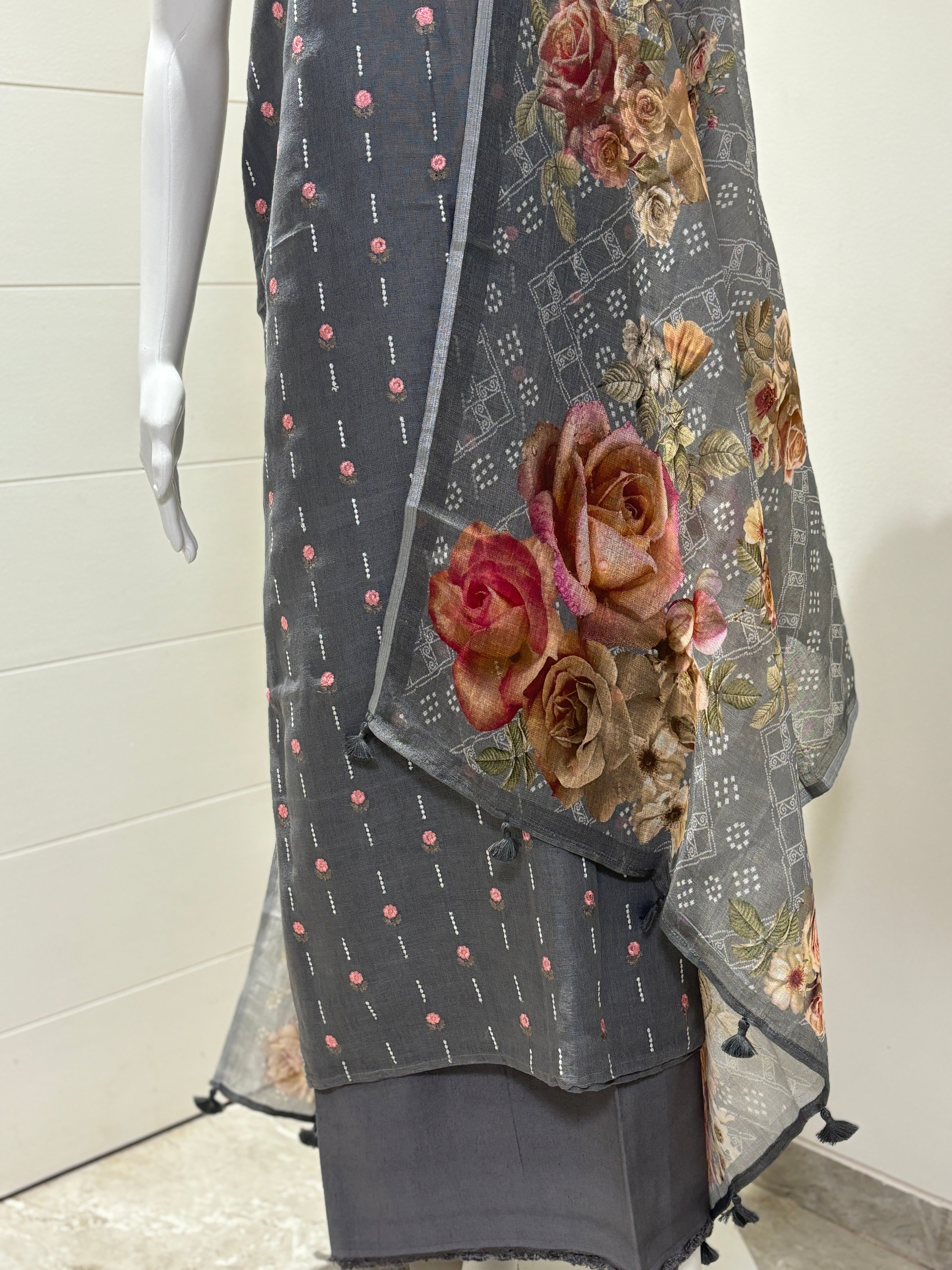Chandrika Lifestyles | Grey Linen Suit – Floral Dupatta