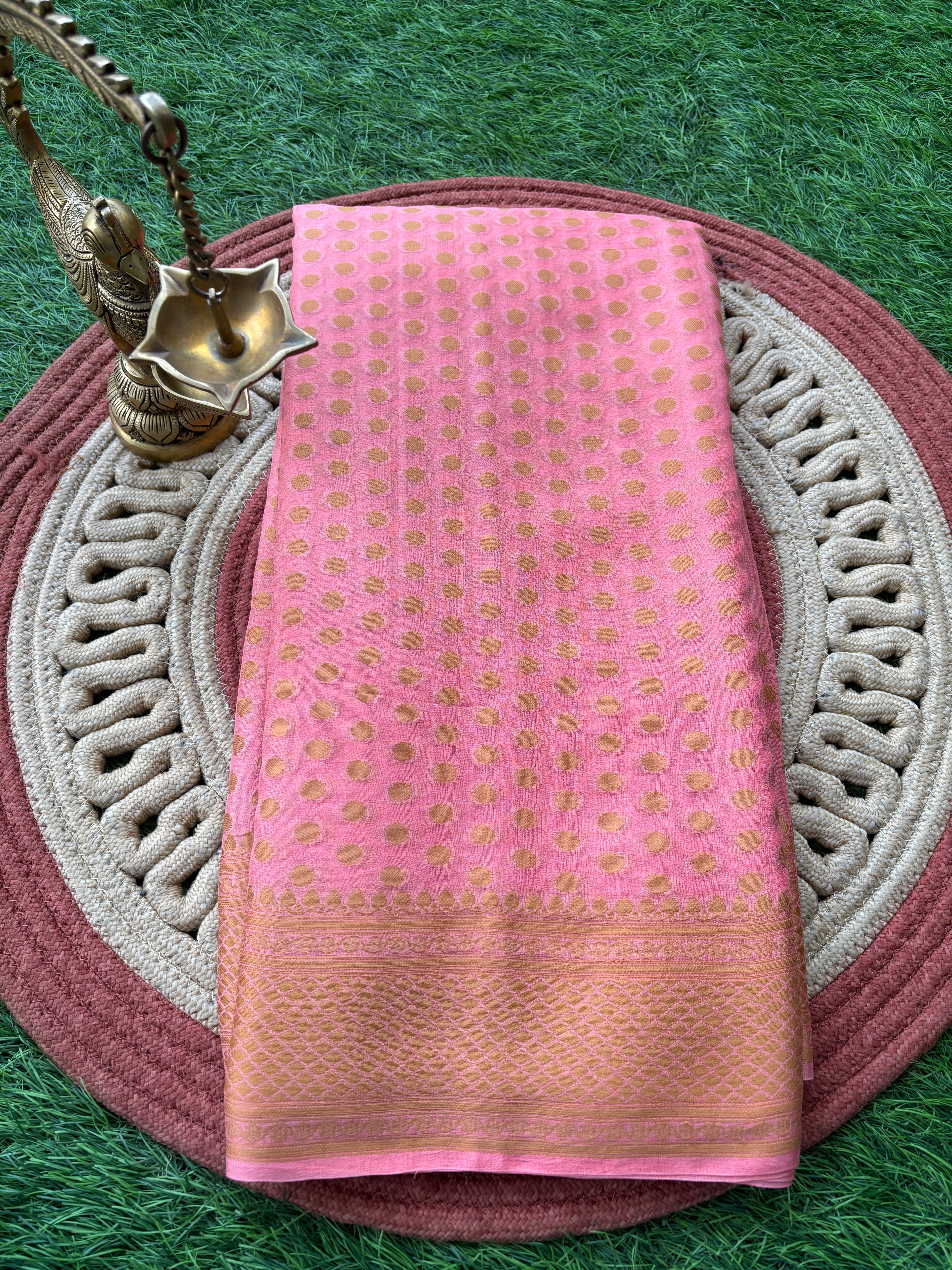 Peach Pink Banarasi Khaddi Chiffon Saree with Allover Resham Weaving | Chandrika Lifestyles