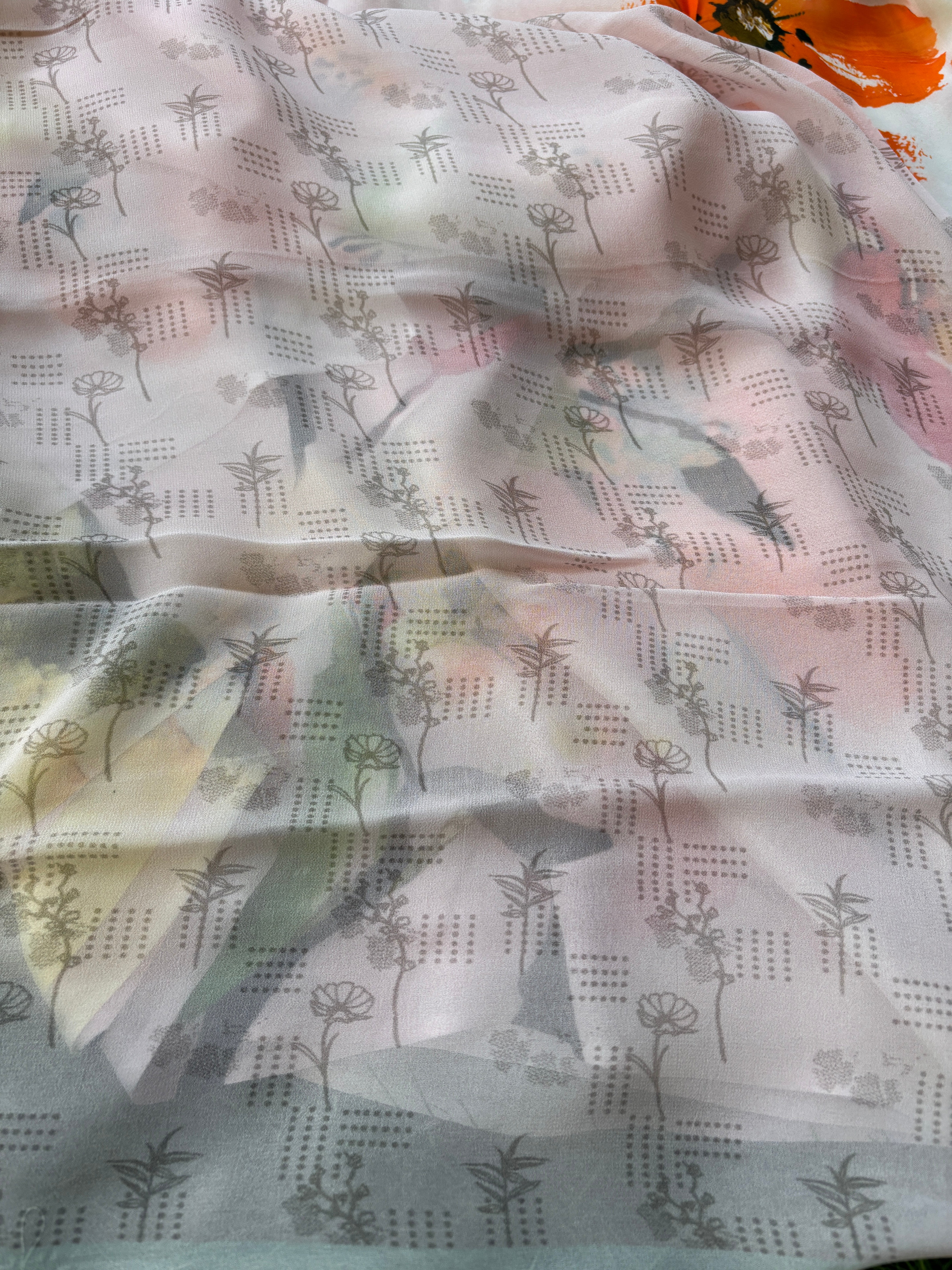 Off White Pure Crepe Silk Saree with Floral Digital Print