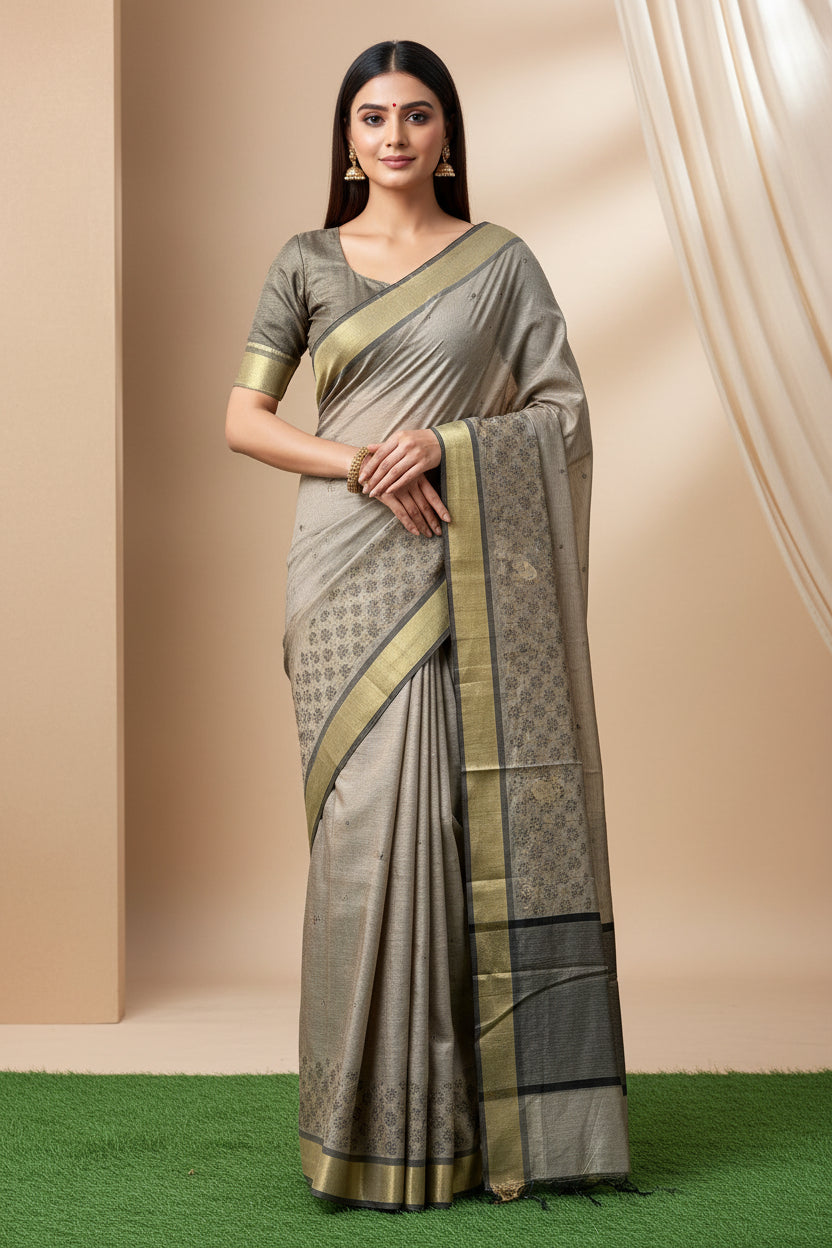 Grey Mercerized Cotton Saree with Allover Floral Thread Embroidery | Chandrika Lifestyles