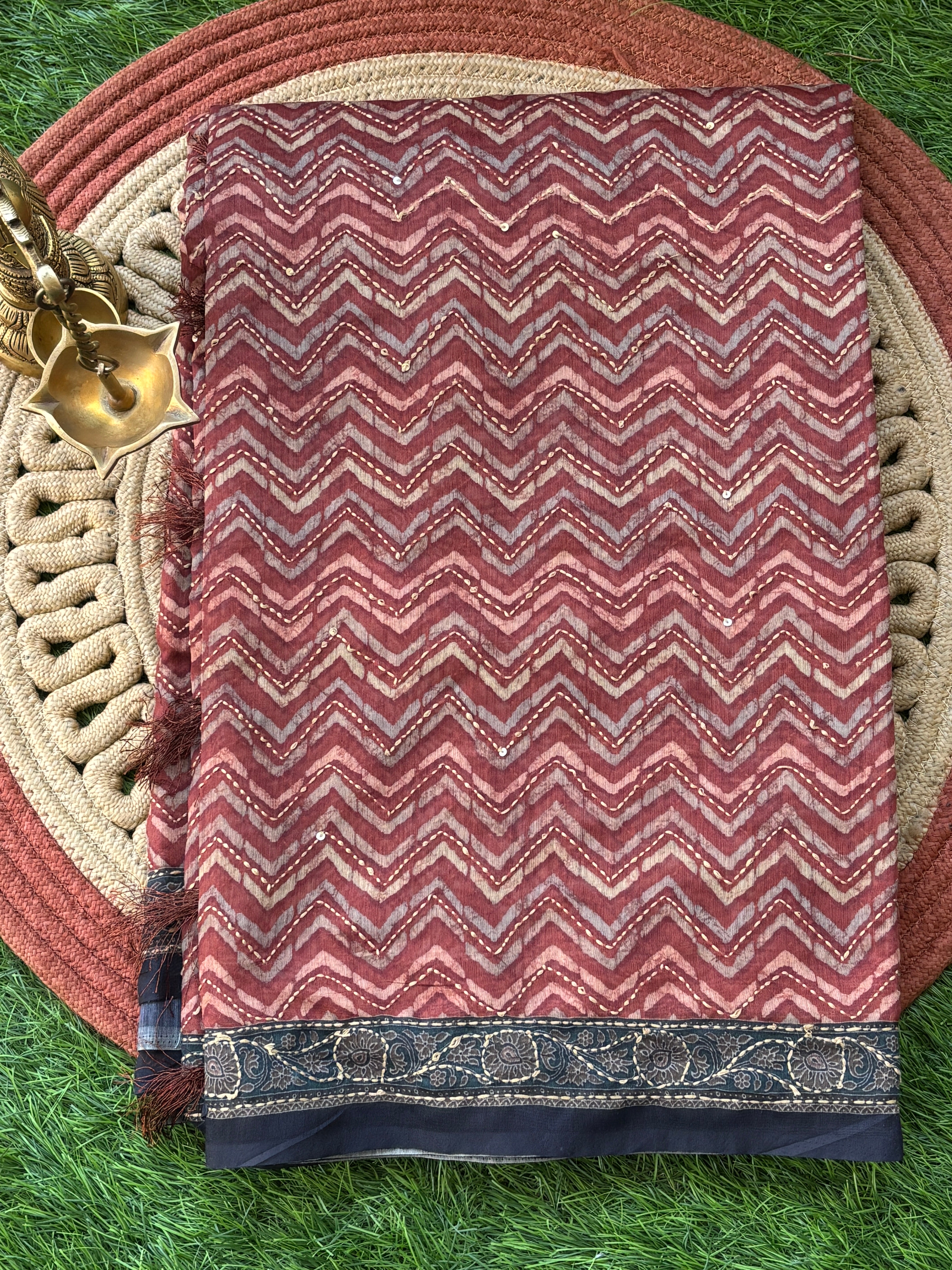 Dark Brown Mercerized Cotton Saree with Navy Blue Border | Chandrika Lifestyles