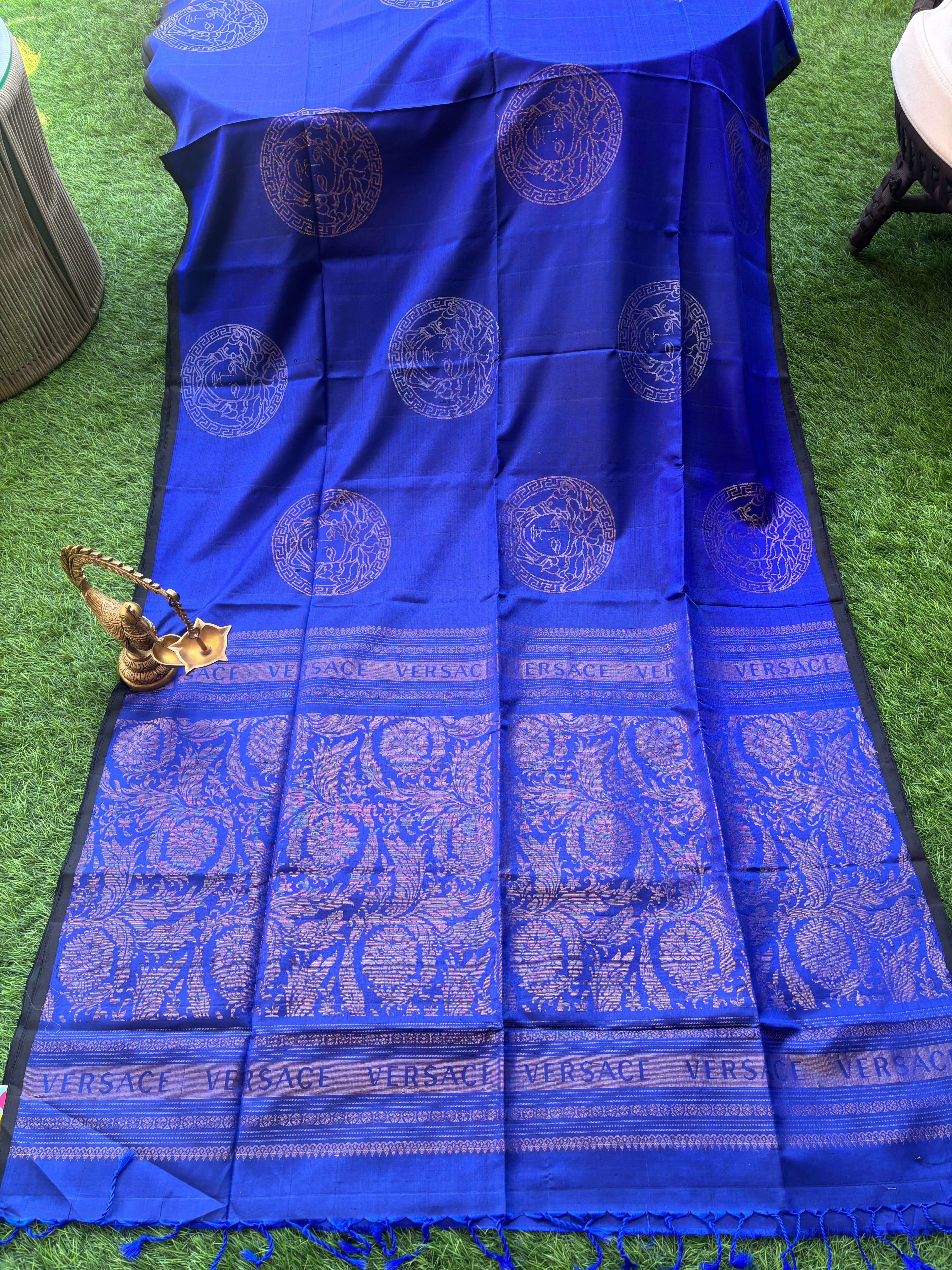 Pure Silk Kanjivaram Royal Blue Borderless Saree with Versace Inspired Weaved Buttas