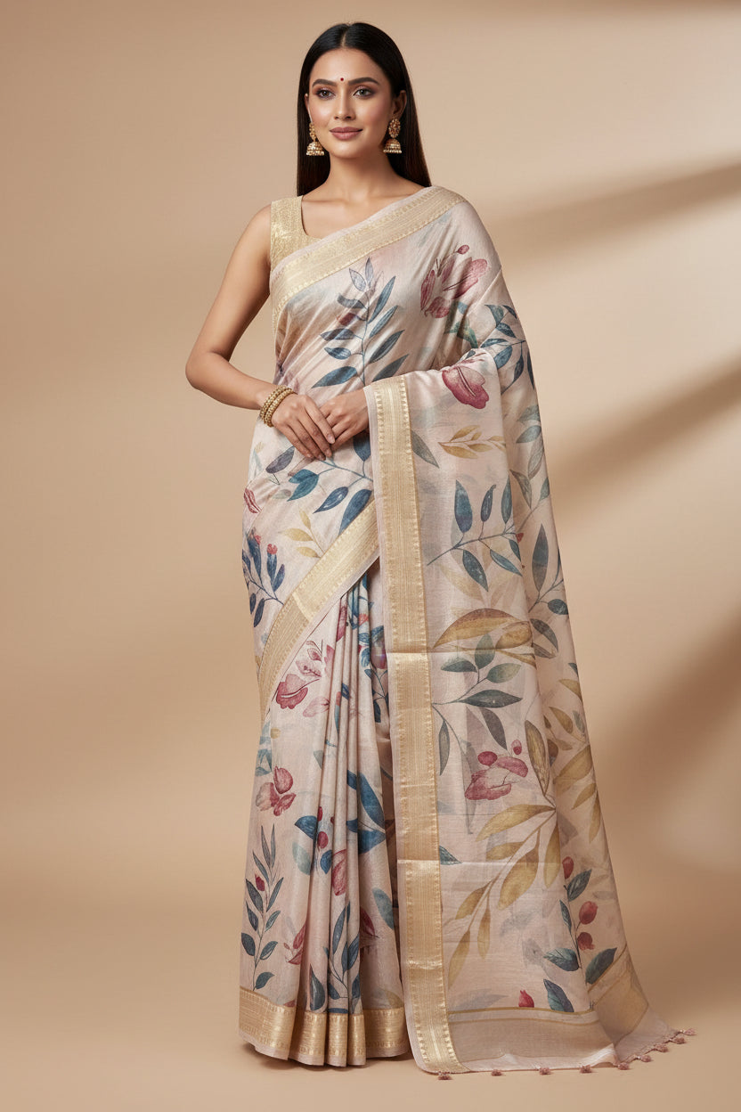 Baby Pink Pure Organza Digital Printed Saree with Readymade Blouse