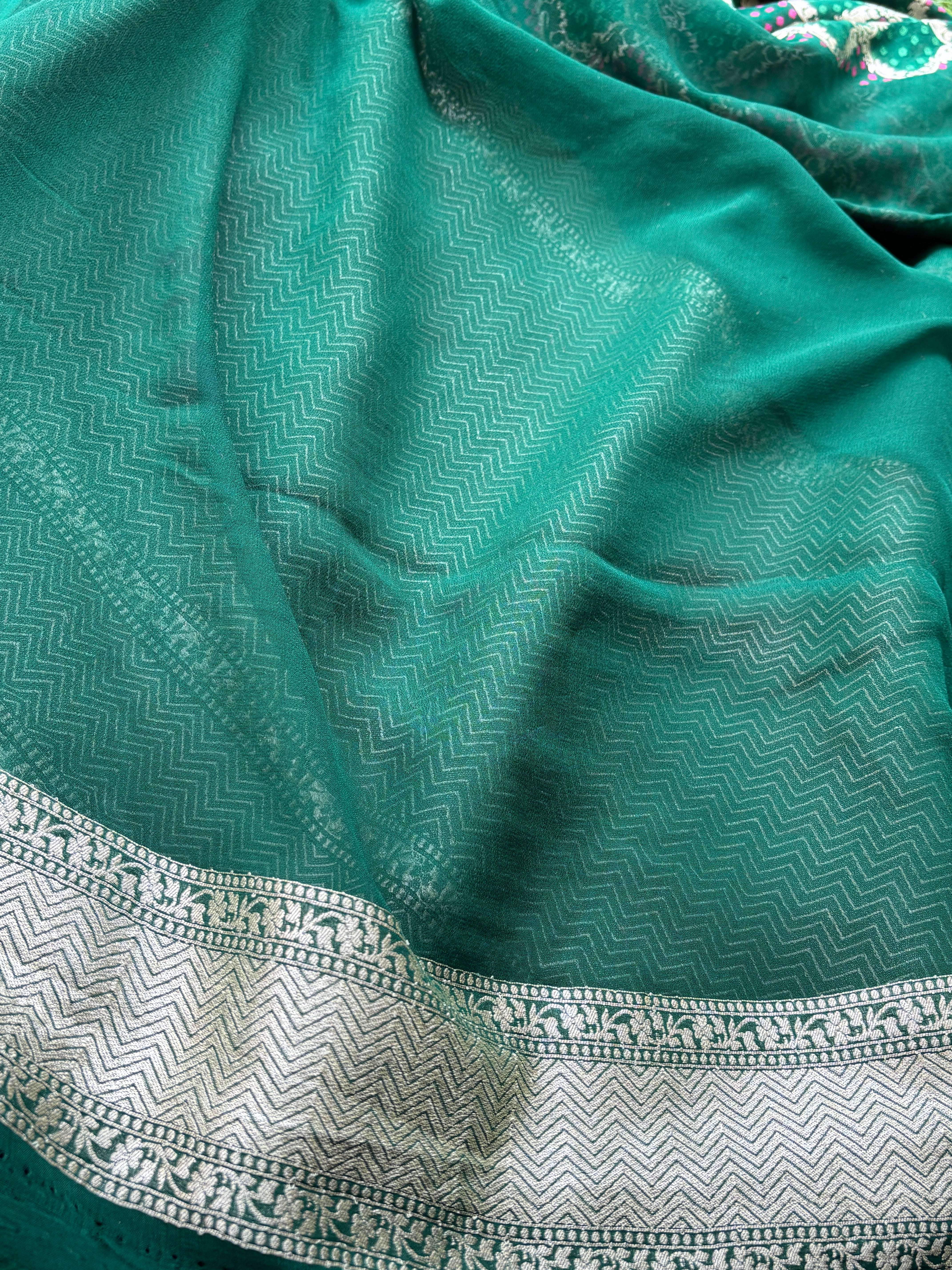 Bottle green pure khaddi georgett Banarasi saree all over jaal | Chandrikalifestyles