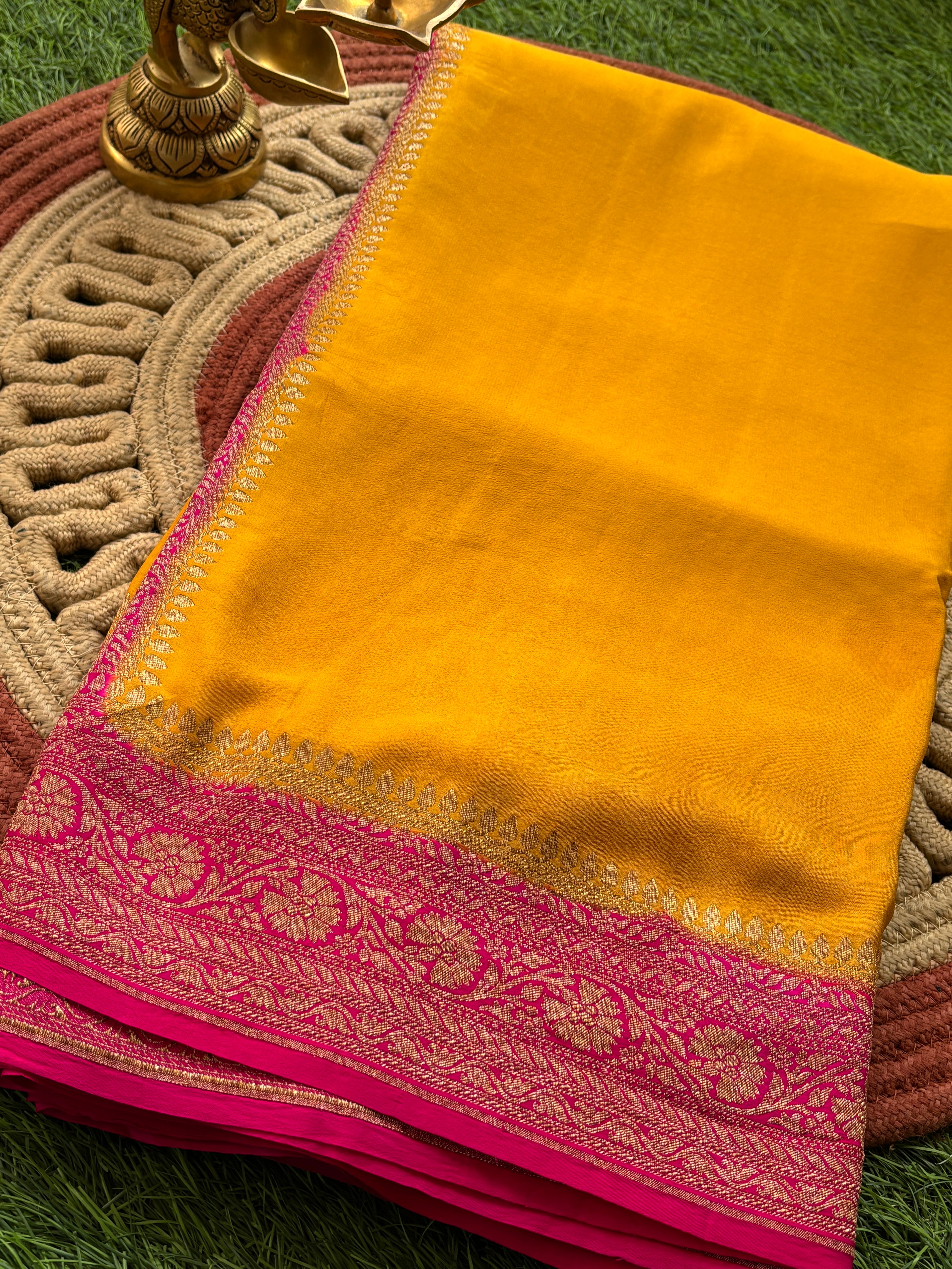 Mango Yellow Pure Banarasi Khaddi Crepe Silk Saree with Pink Border & Pallu | Chandrika Lifestyles