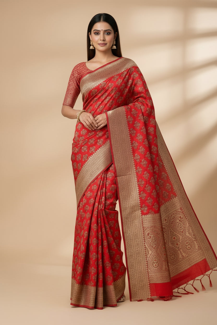 Blood Red Georgette Printed Saree with Matching Printed Blouse