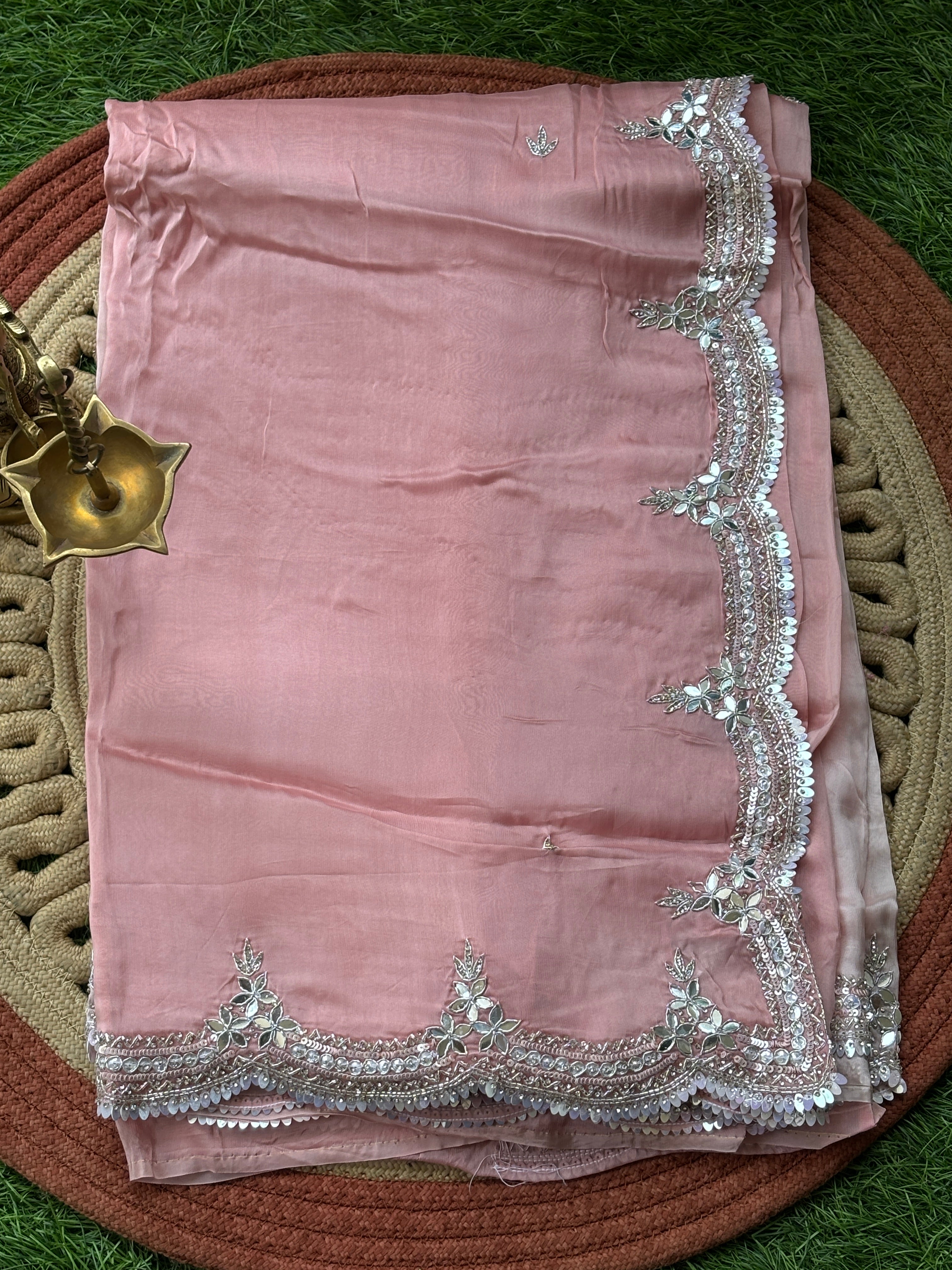 Elegant Peach Pink Pure Crepe Silk Saree with Designer Scallop Border