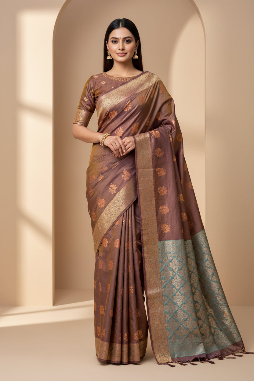 Brown Two-Tone Art Silk Kanjipuram Saree with Allover Woven Buttas | Chandrika Lifestyles