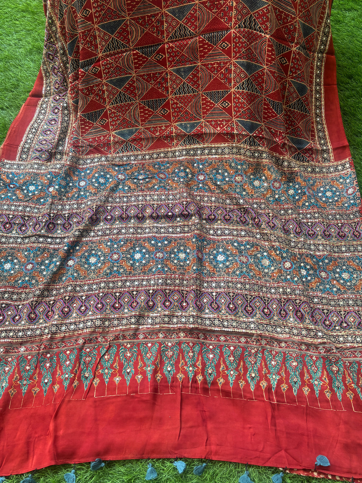 Royal Brick Red Pure Crepe Silk Saree with Ajrakh Print & Hand Mirror Work Pallu