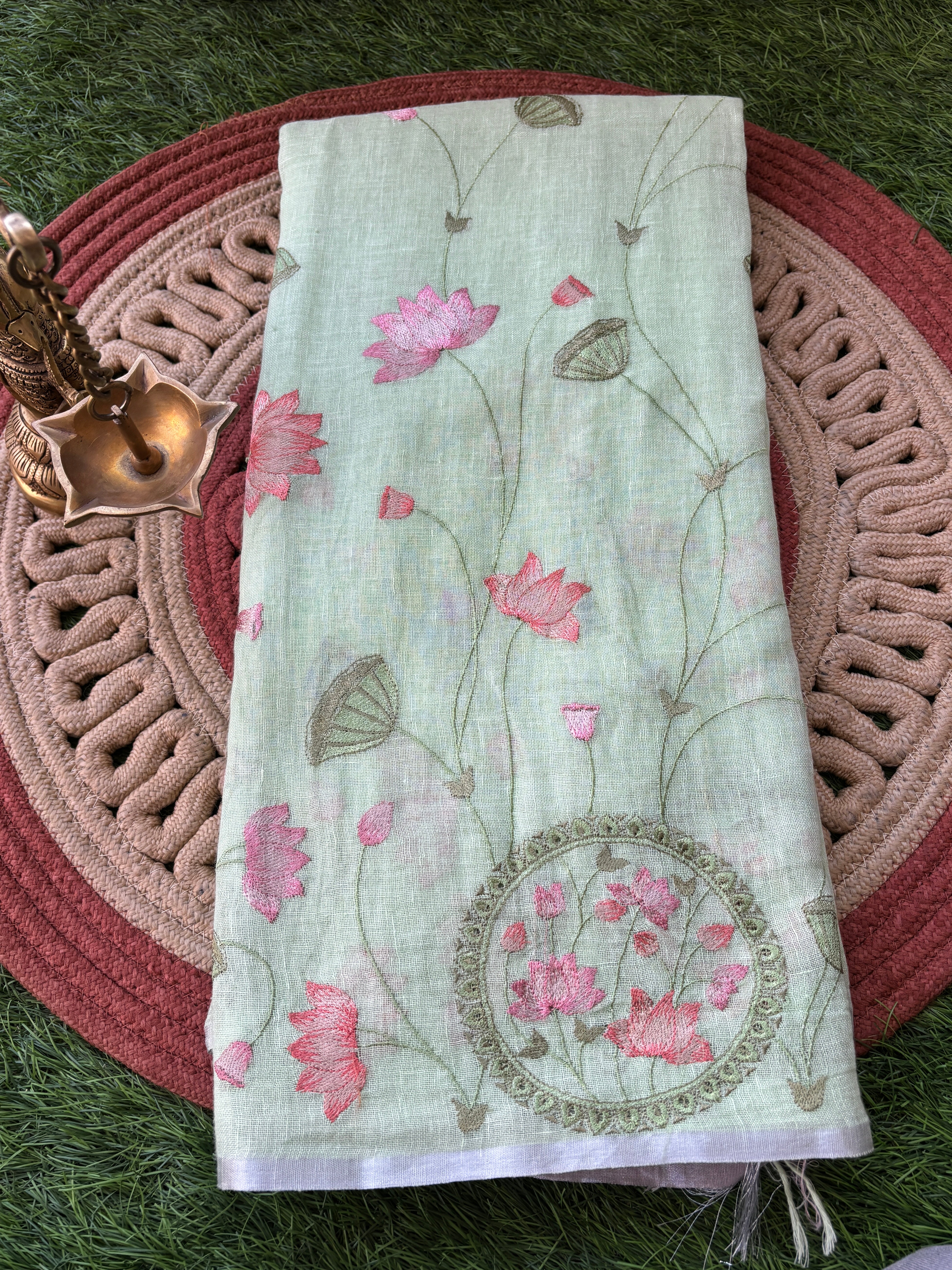 Pista Green Pure Linen Saree with Embroidery and Pink Contrast Blouse