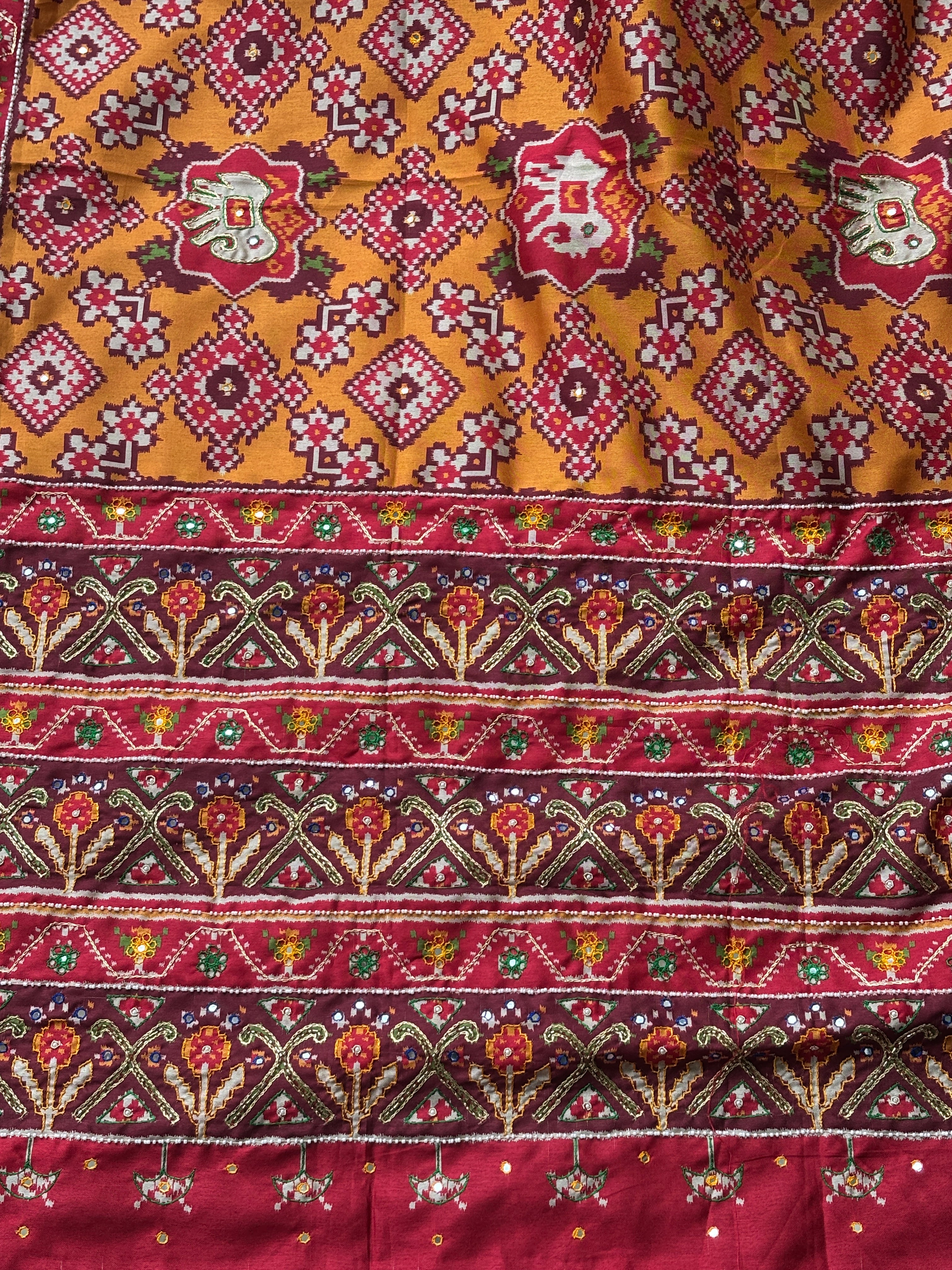 Yellow Tussar Silk Patola Saree with Aari Work & Red Border | Chandrika Lifestyles