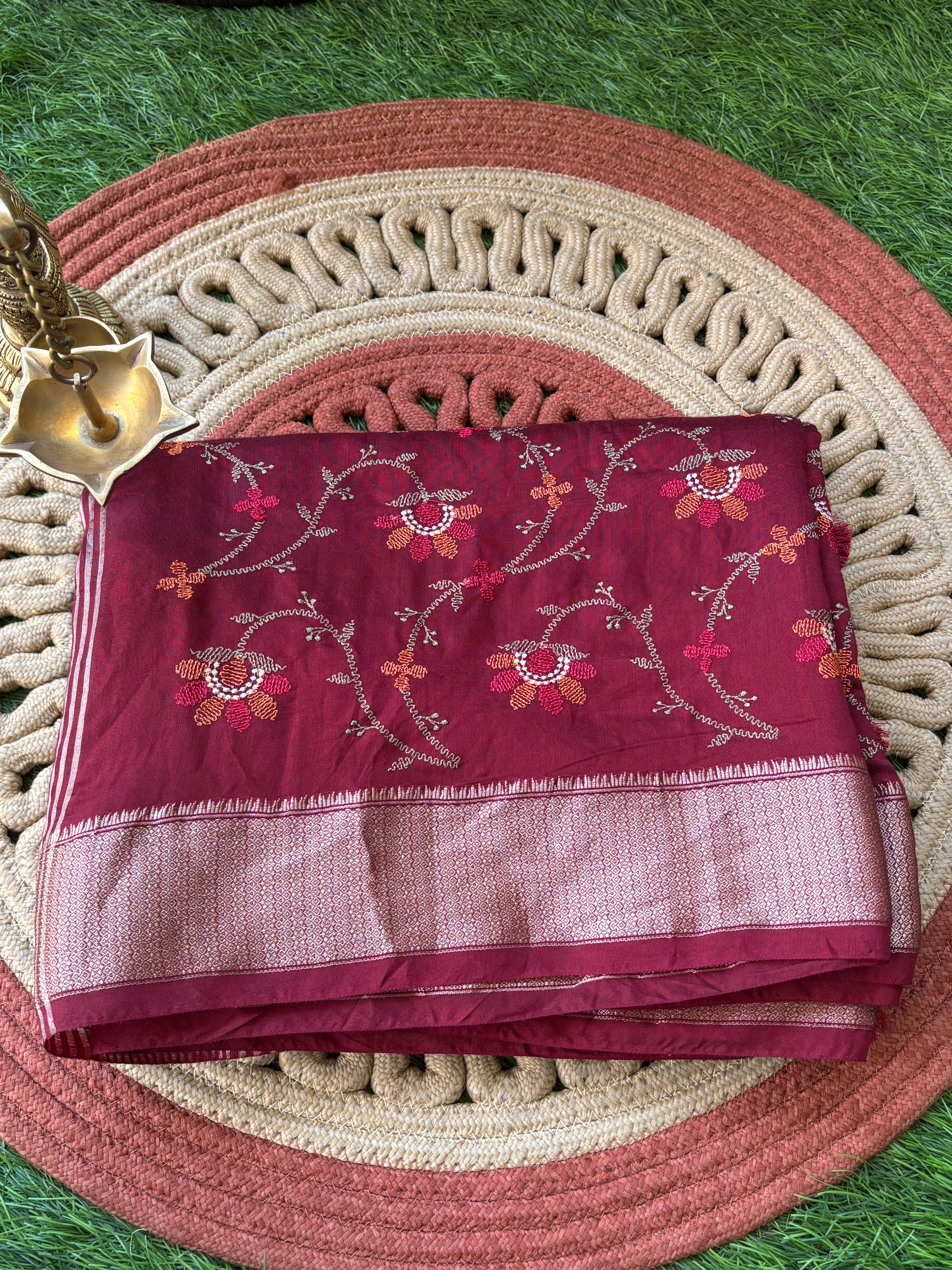 Maroon Georgette Saree with Thread Weaving, Floral Embroidery & Zari Woven Pallu
