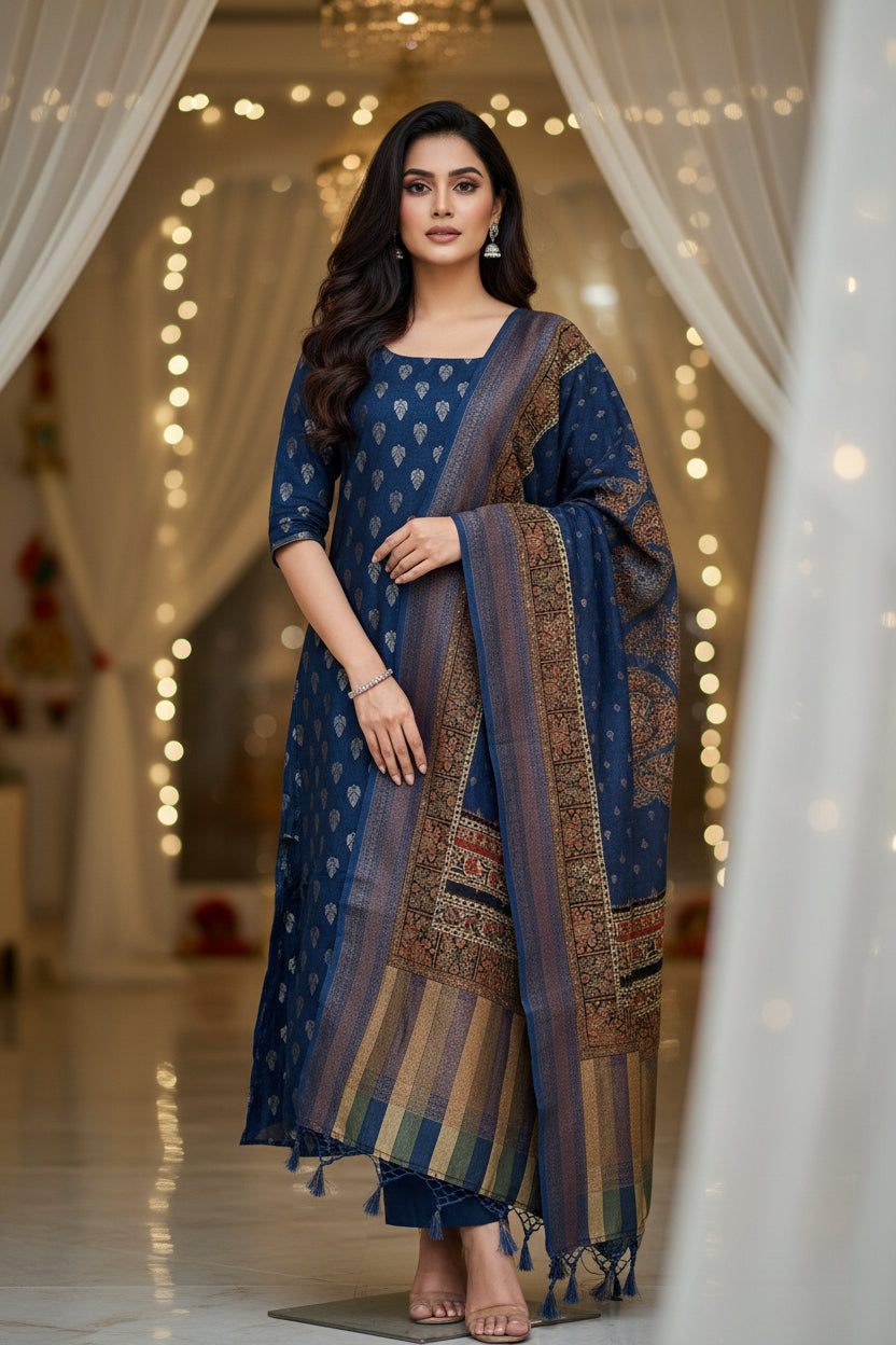 Pure Navy Blue Banarasi Suit Material with All-Over Zari Butta & Meenakari Woven Dupatta
