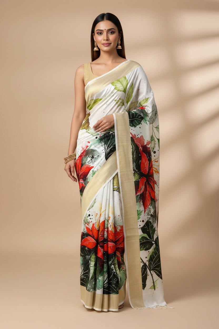 Off White Pure Georgette Saree with Floral Digital Printed Buttas