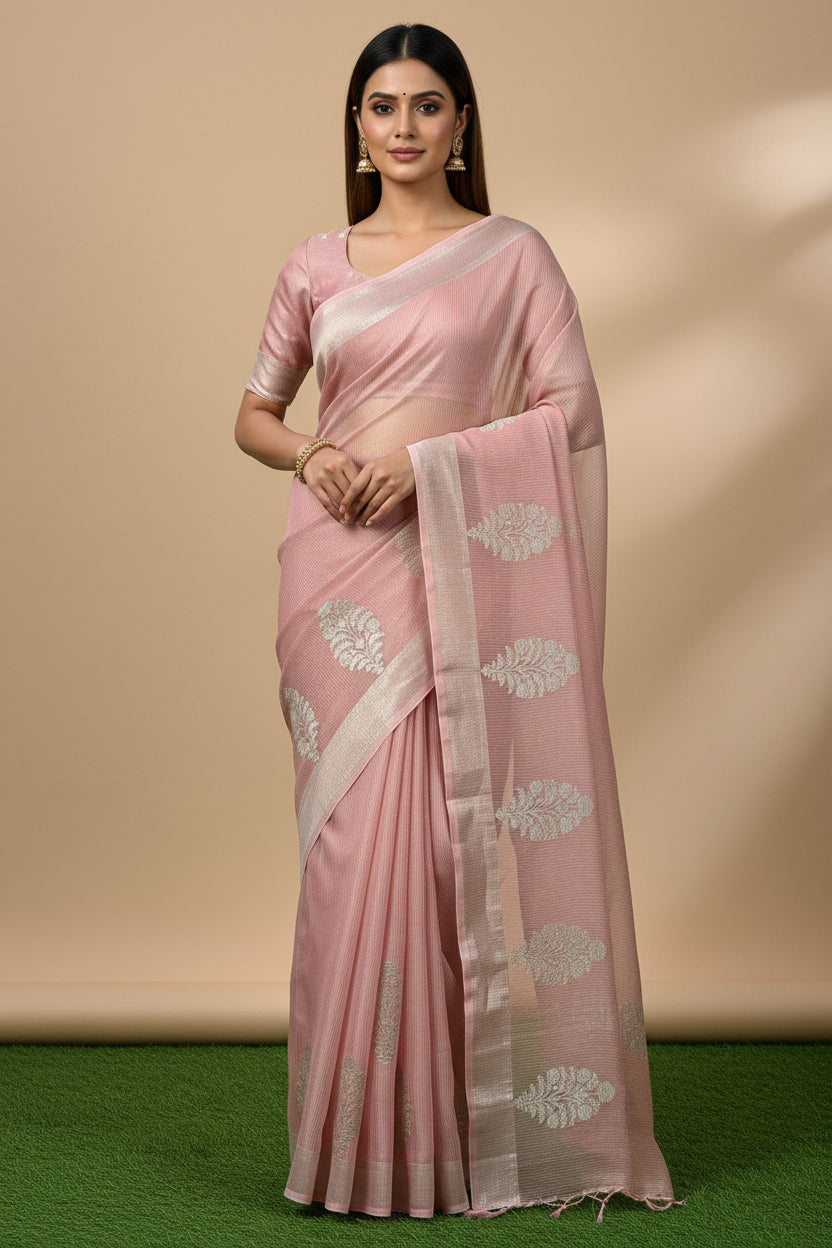 Baby Pink Pure Tissue Kora Saree with Allover Silver Zari Embroidery & Zari Pallu | Chandrika Lifestyles