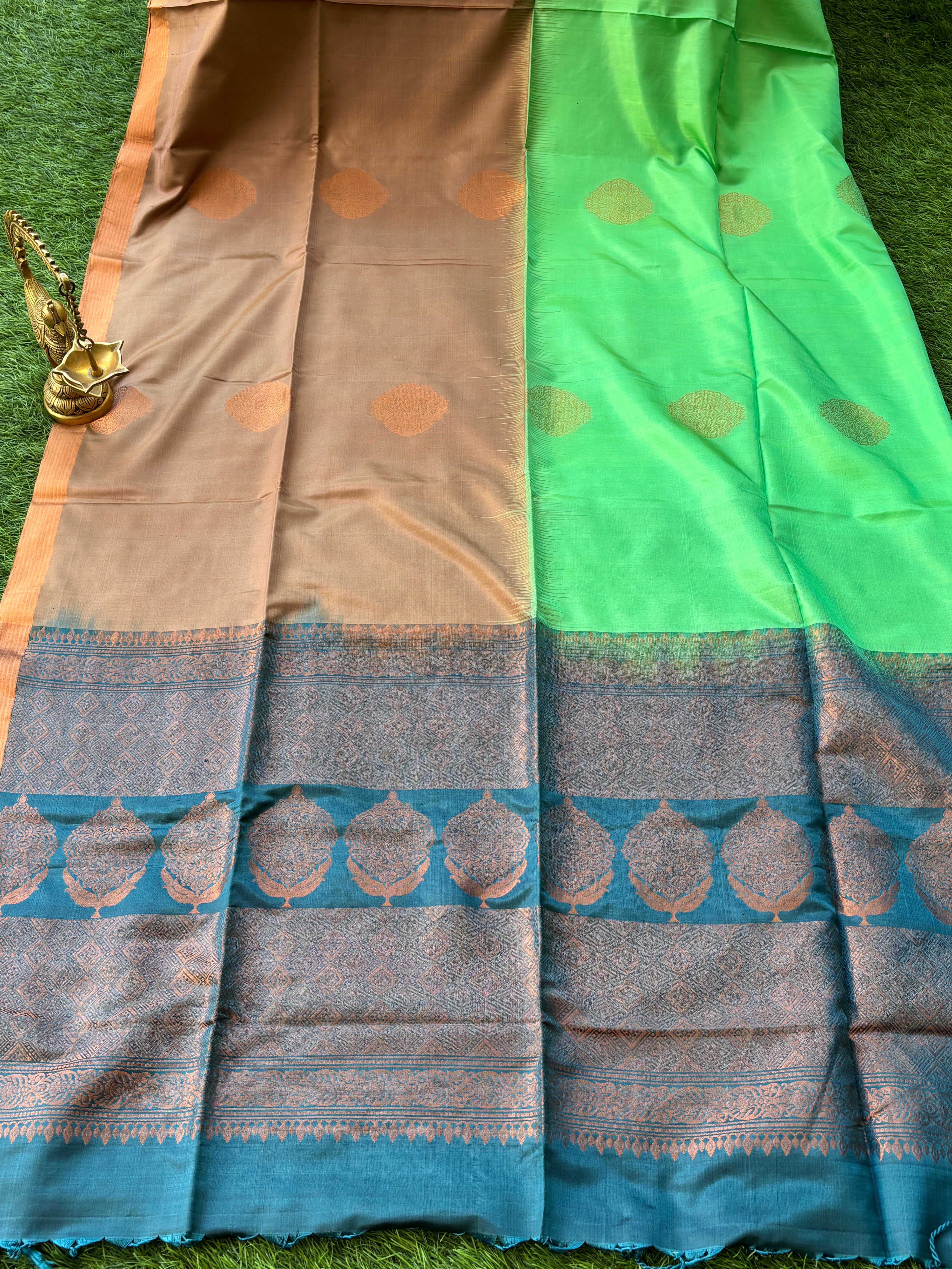 Kanchipuram Silk Saree Pallu in Pastel Brown with Elegant Small Zari Border