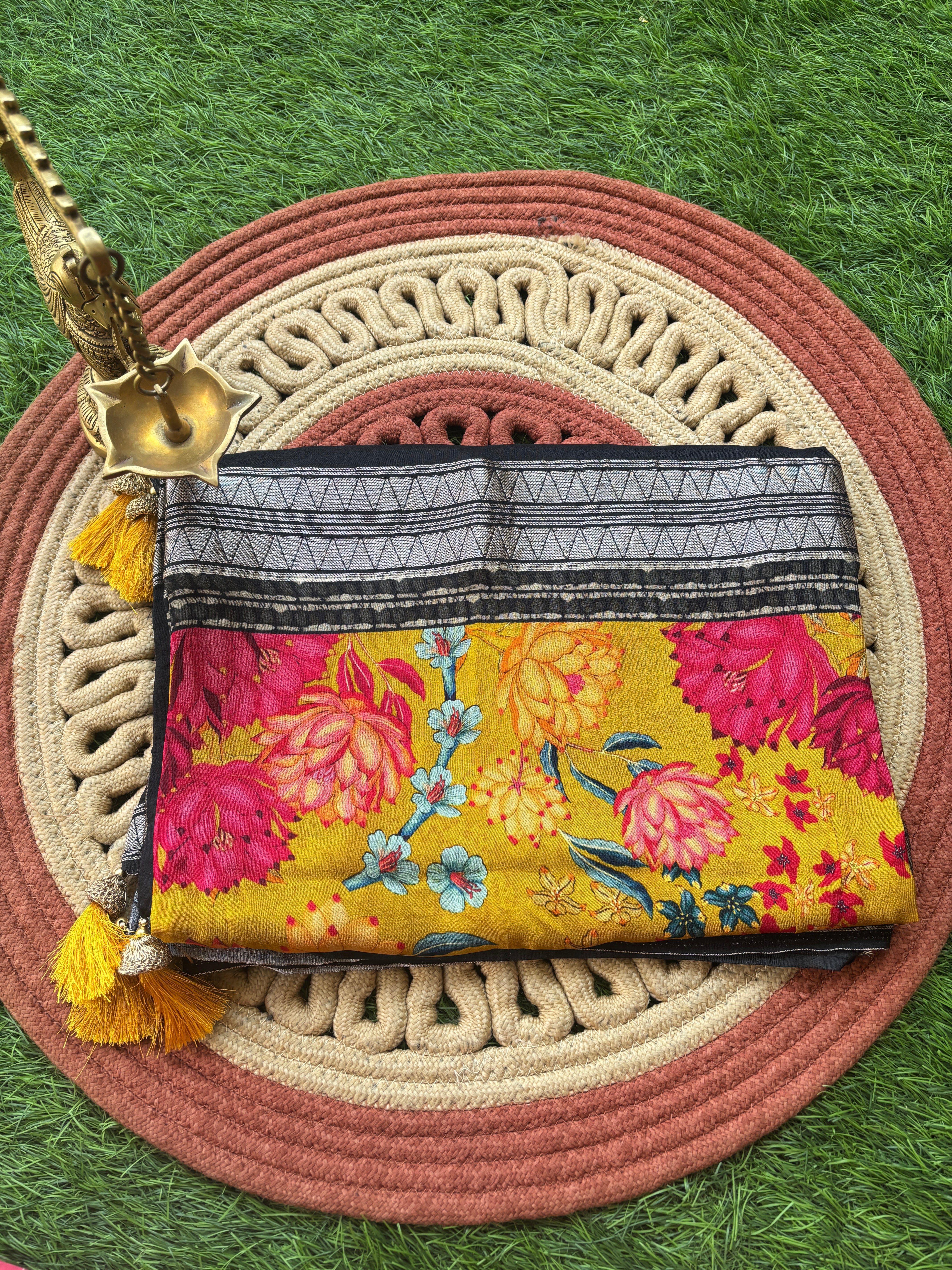 Pure Crepe Silk Mango Yellow & Black Digital Printed Designer Sare