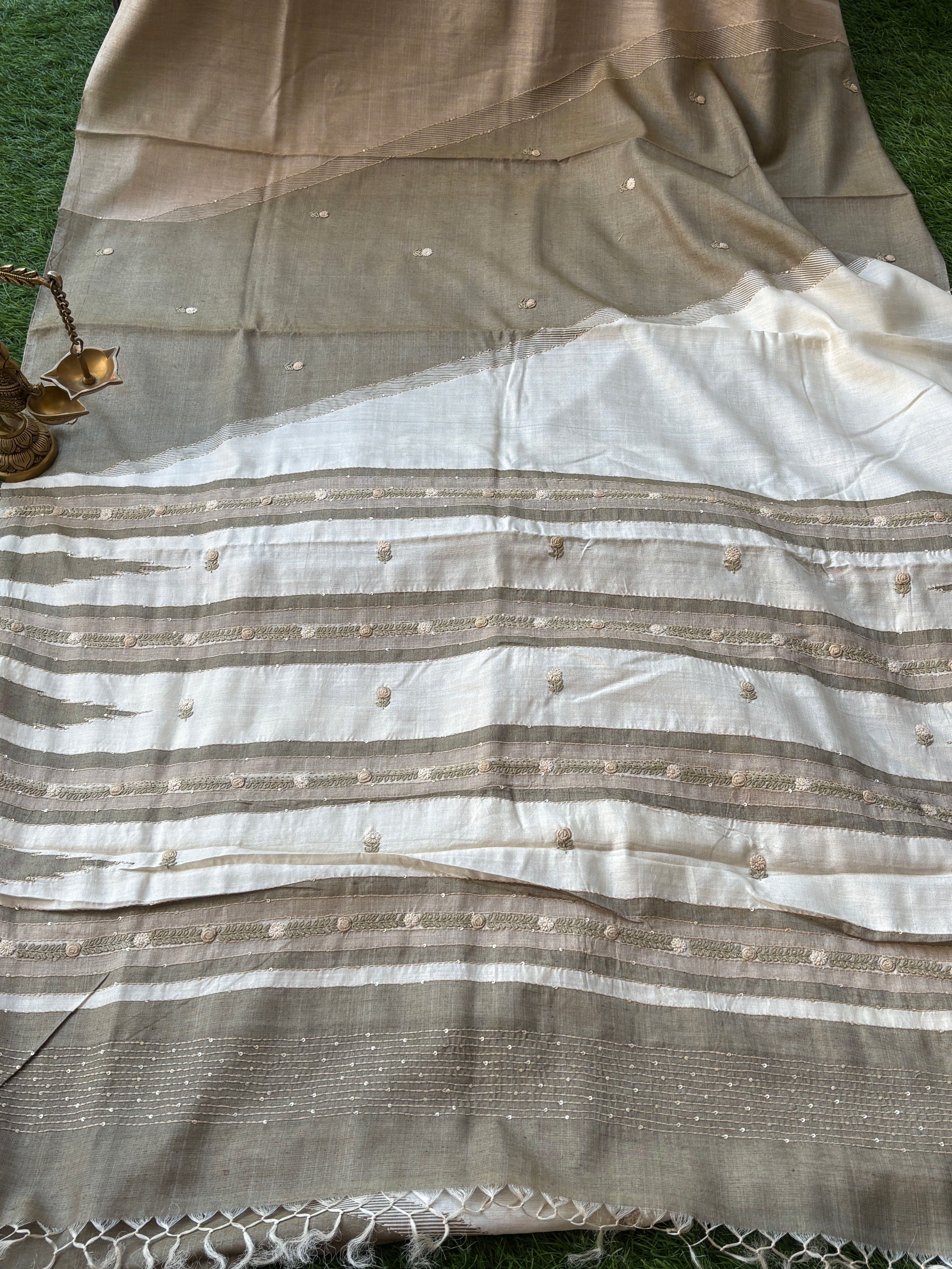 Beige & Brown Pure Tussar Silk Saree with Designer Hand Embroidery (Ghanta Taka) | Chandrika Lifestyles