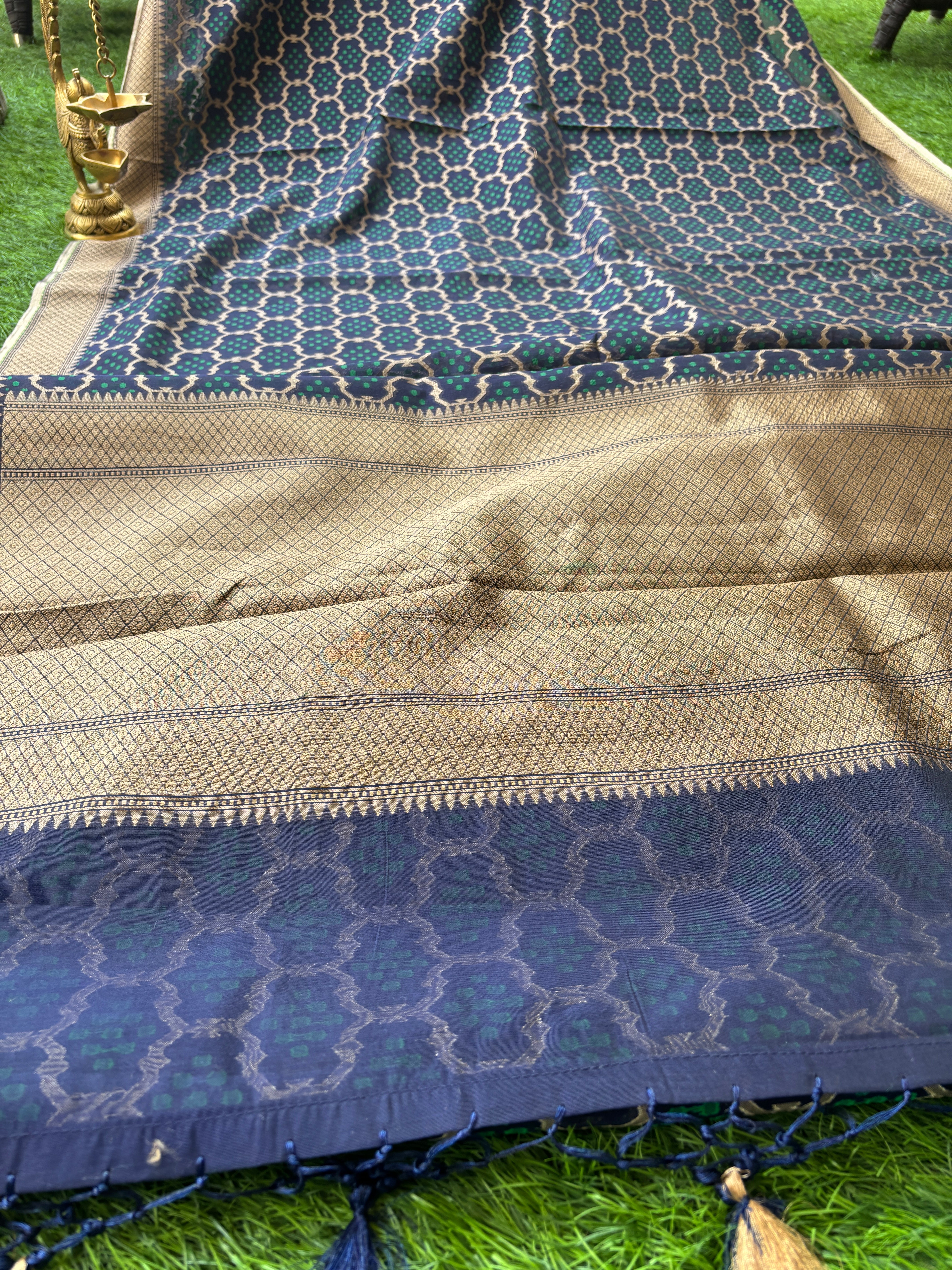 Navy Blue Banarasi Mercerized Cotton Saree with Allover Jaal | Chandrika Lifestyles
