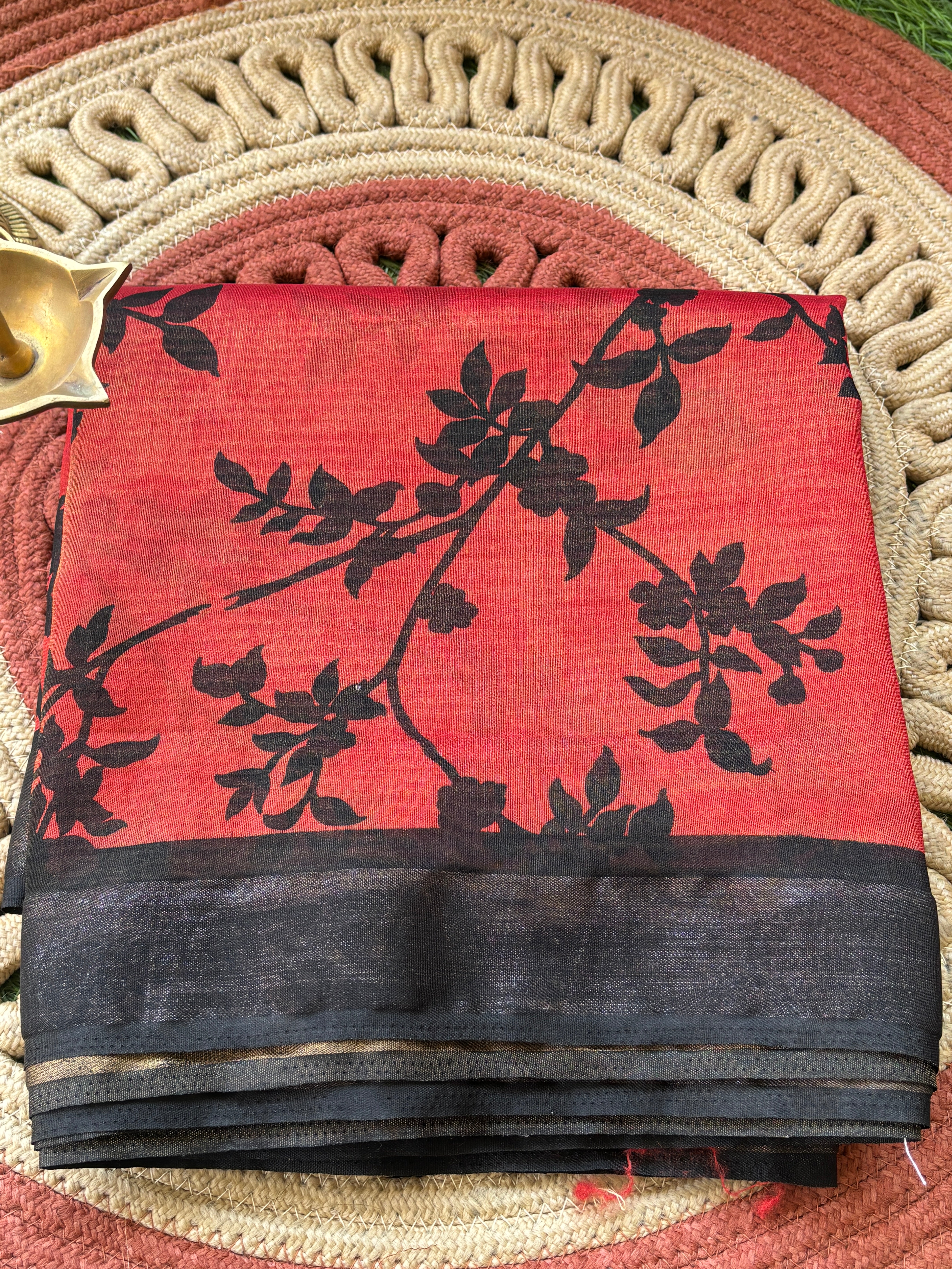 Red & Black Art Tissue Organza Printed Saree