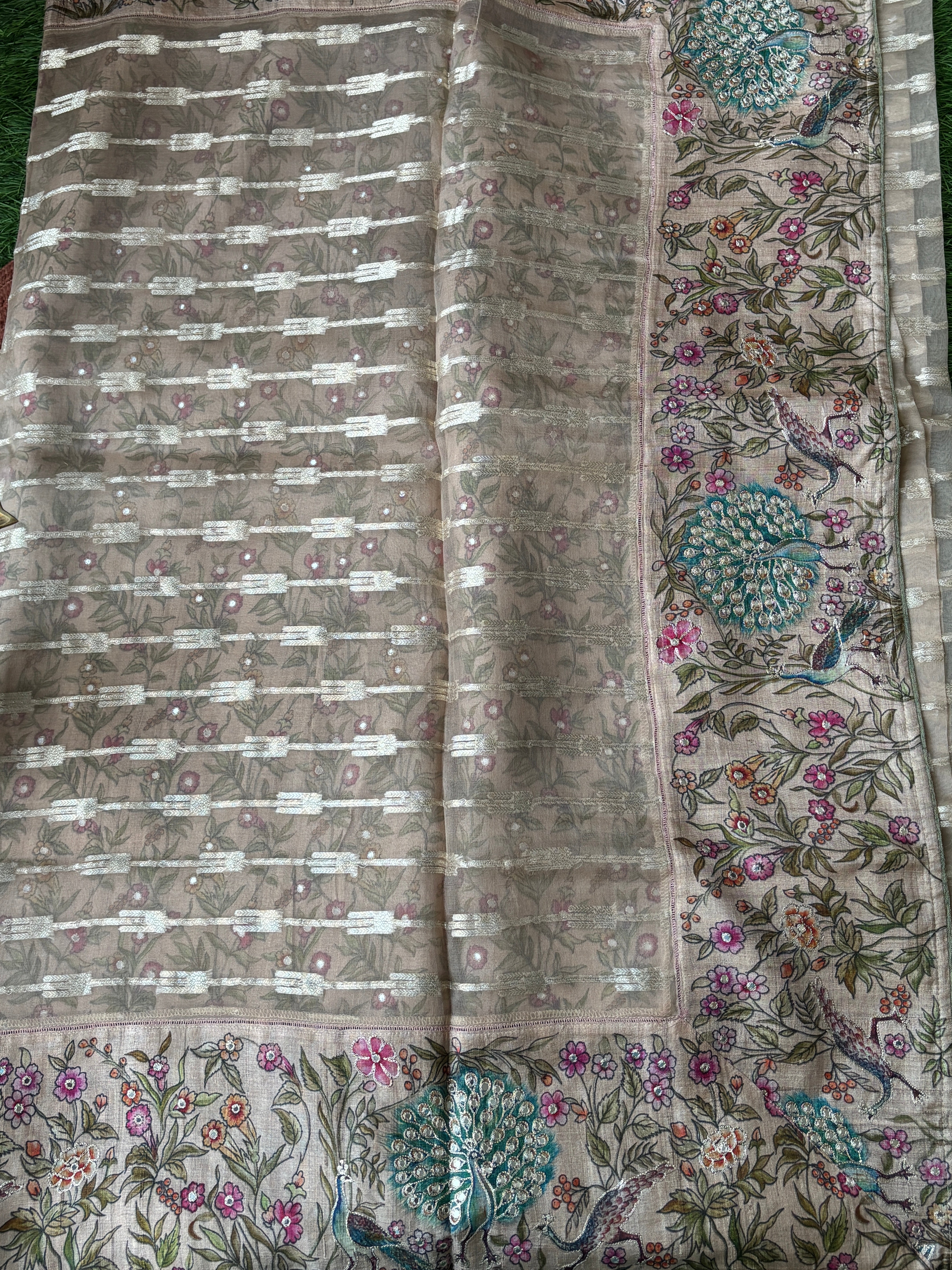 Beige Tissue Kora Saree with Figure Embroidery & Allover Zari Weaving | Chandrika Lifestyles