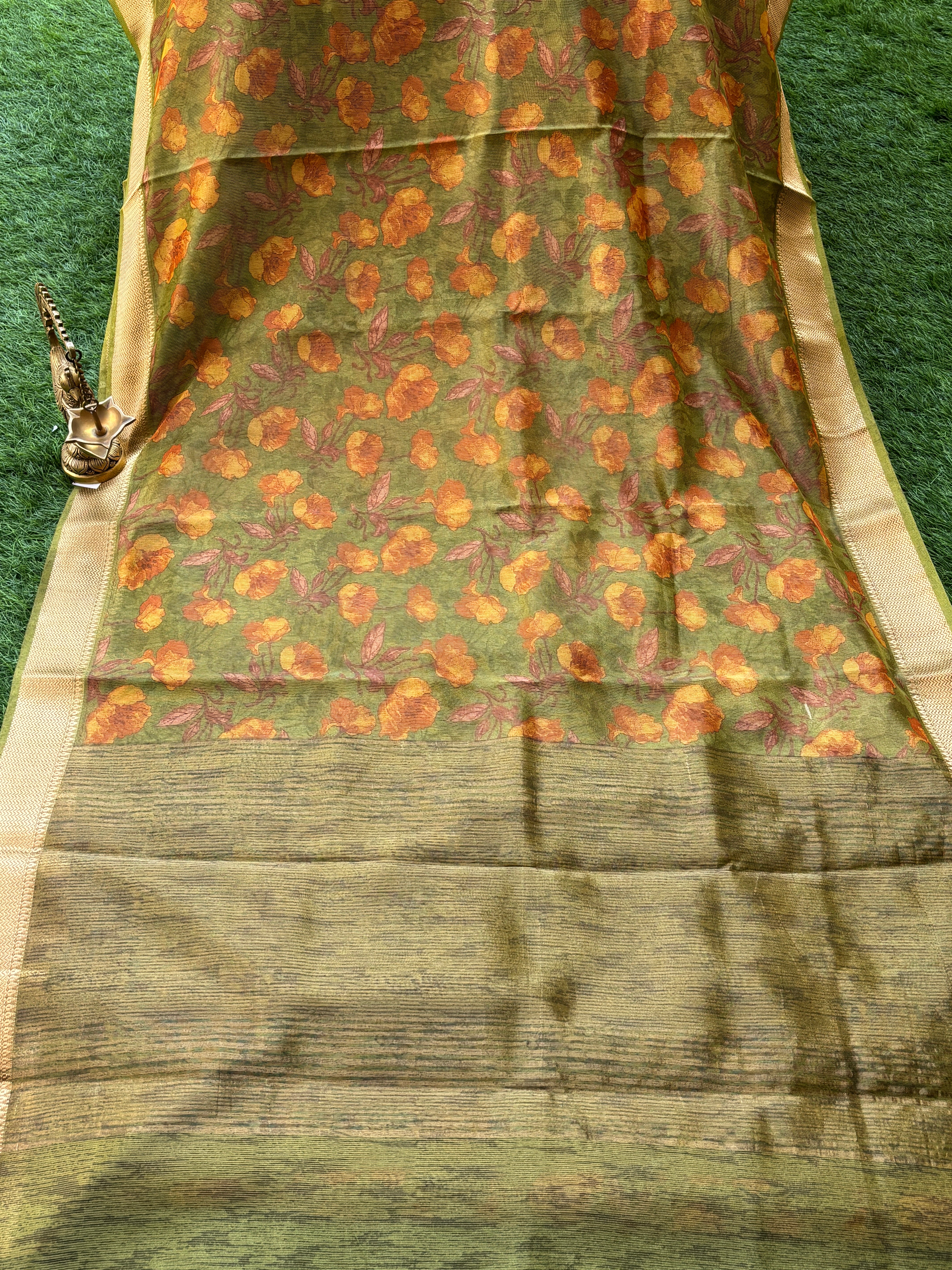Olive Green Mercerized Cotton Saree with Allover Digital Print | Chandrika Lifestyles