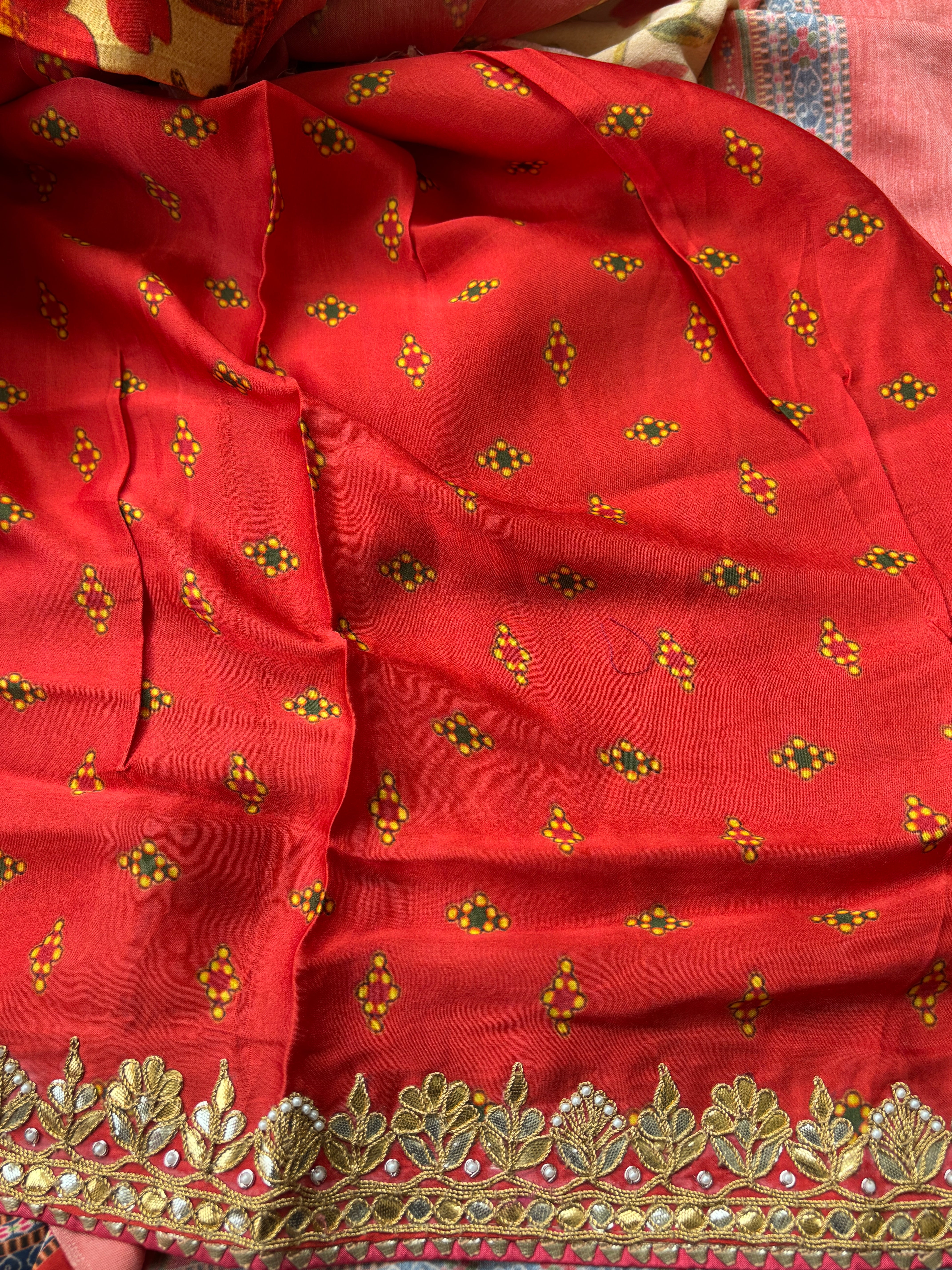 Elegant Brick Red Pure Crepe Silk Saree with Gota Work Border & Digital Floral Print