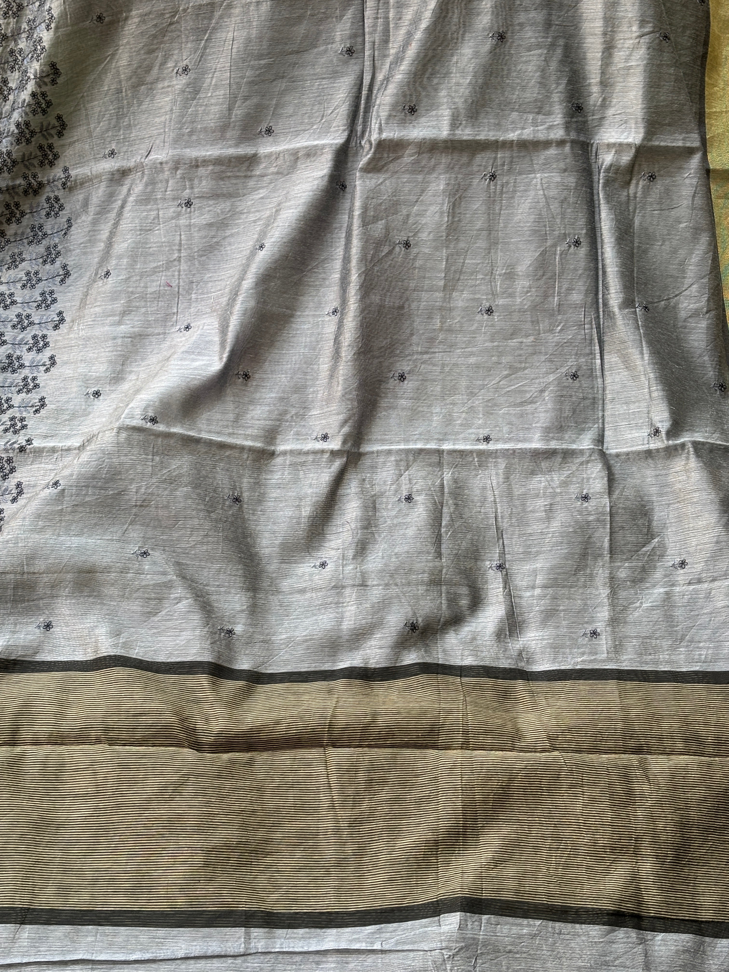 Grey Banarasi Mercerised Cotton Saree with Embroidered Border