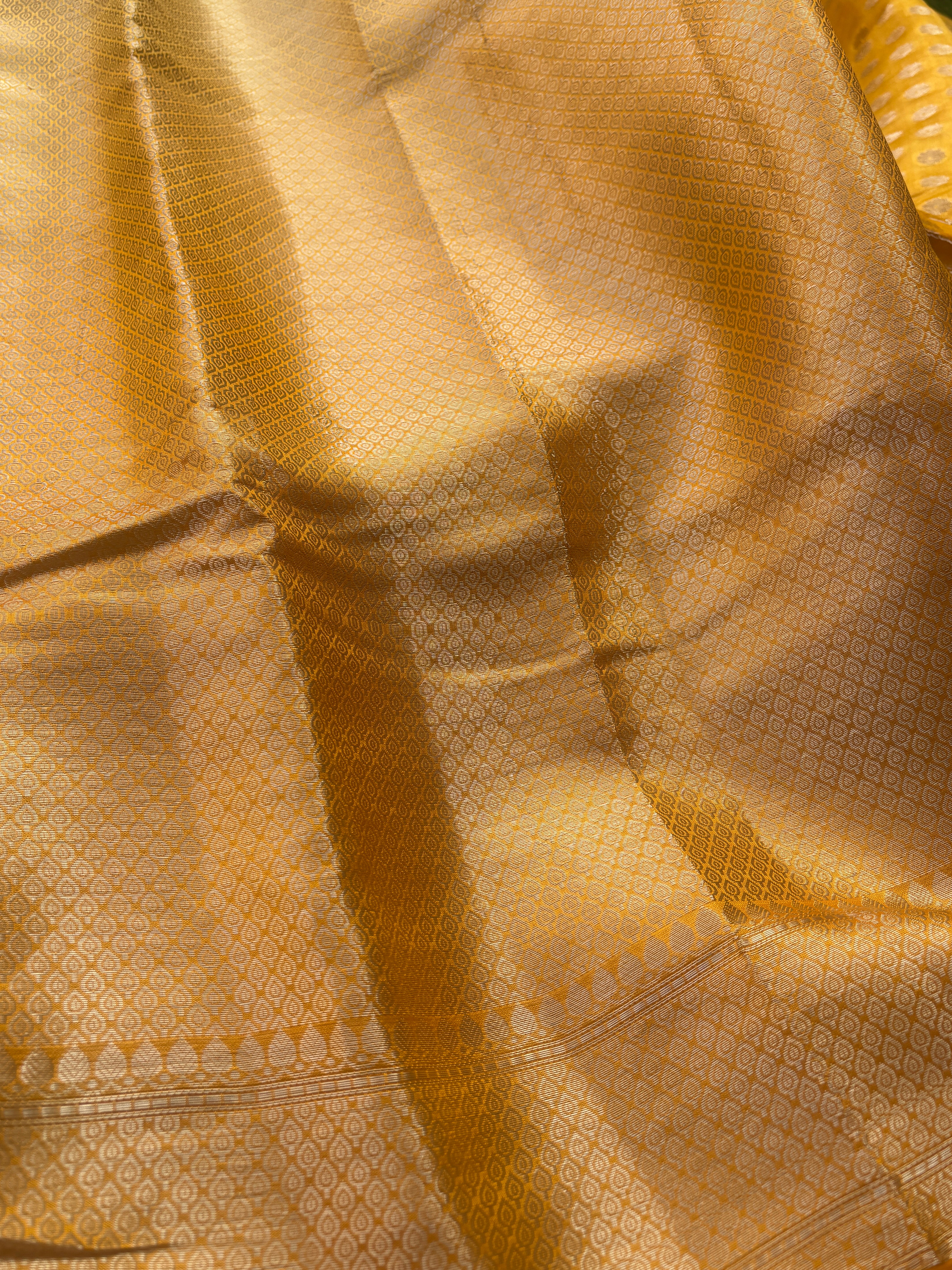 Mango Yellow Pure Dupion Silk Saree with Allover Zari Butta & Zari Border | Chandrika Lifestyles
