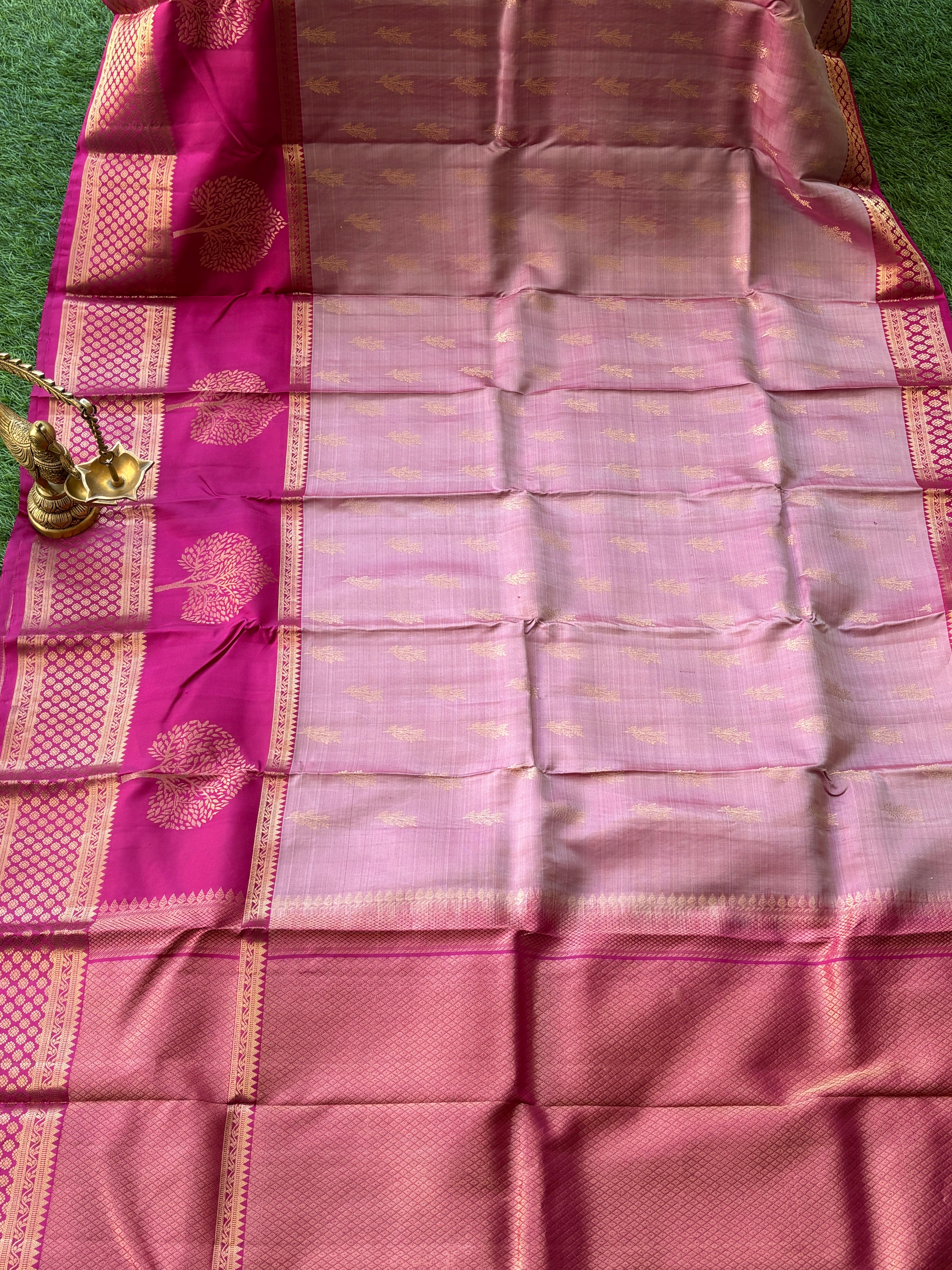 Rani Pink Pallu on Pastel Pink Designer Kanjeevaram Pure Silk Saree with Zari Buttas