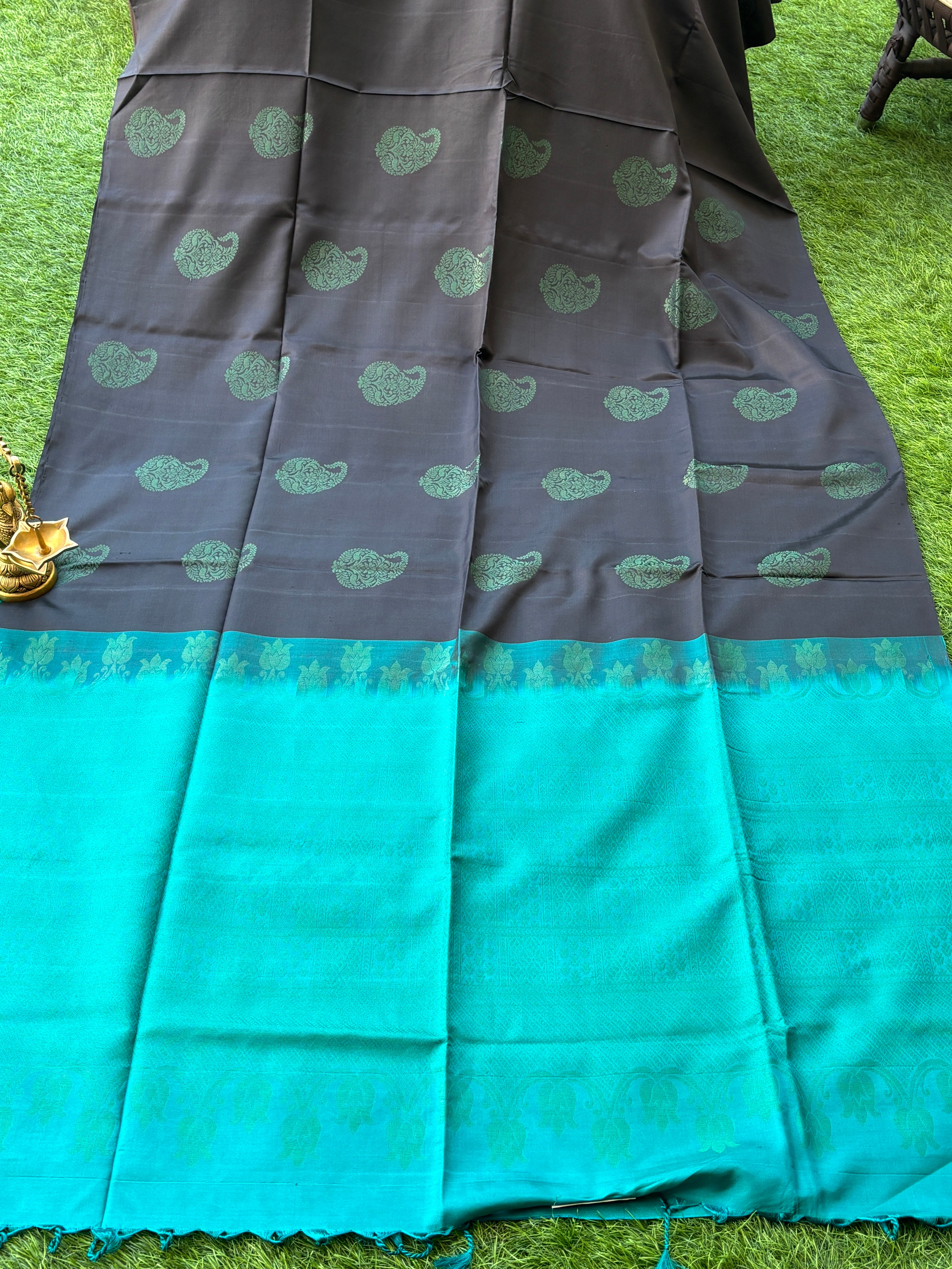 Golden Zari Butta Detail on Borderless Black Kanjeevaram Silk Saree