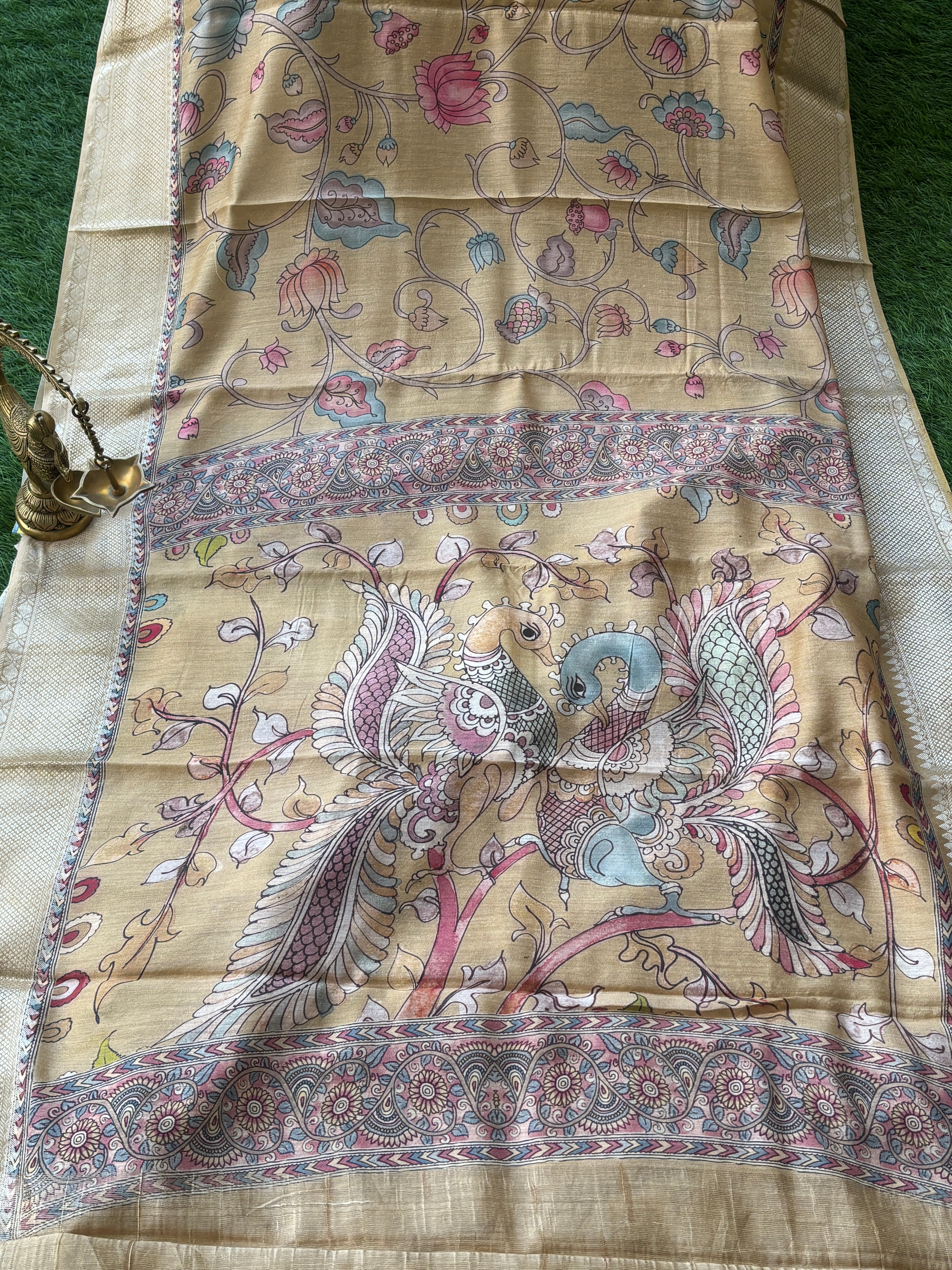 Beige Pure Munga Silk Saree with Digital Kalamkari Print & Zari Woven Pallu