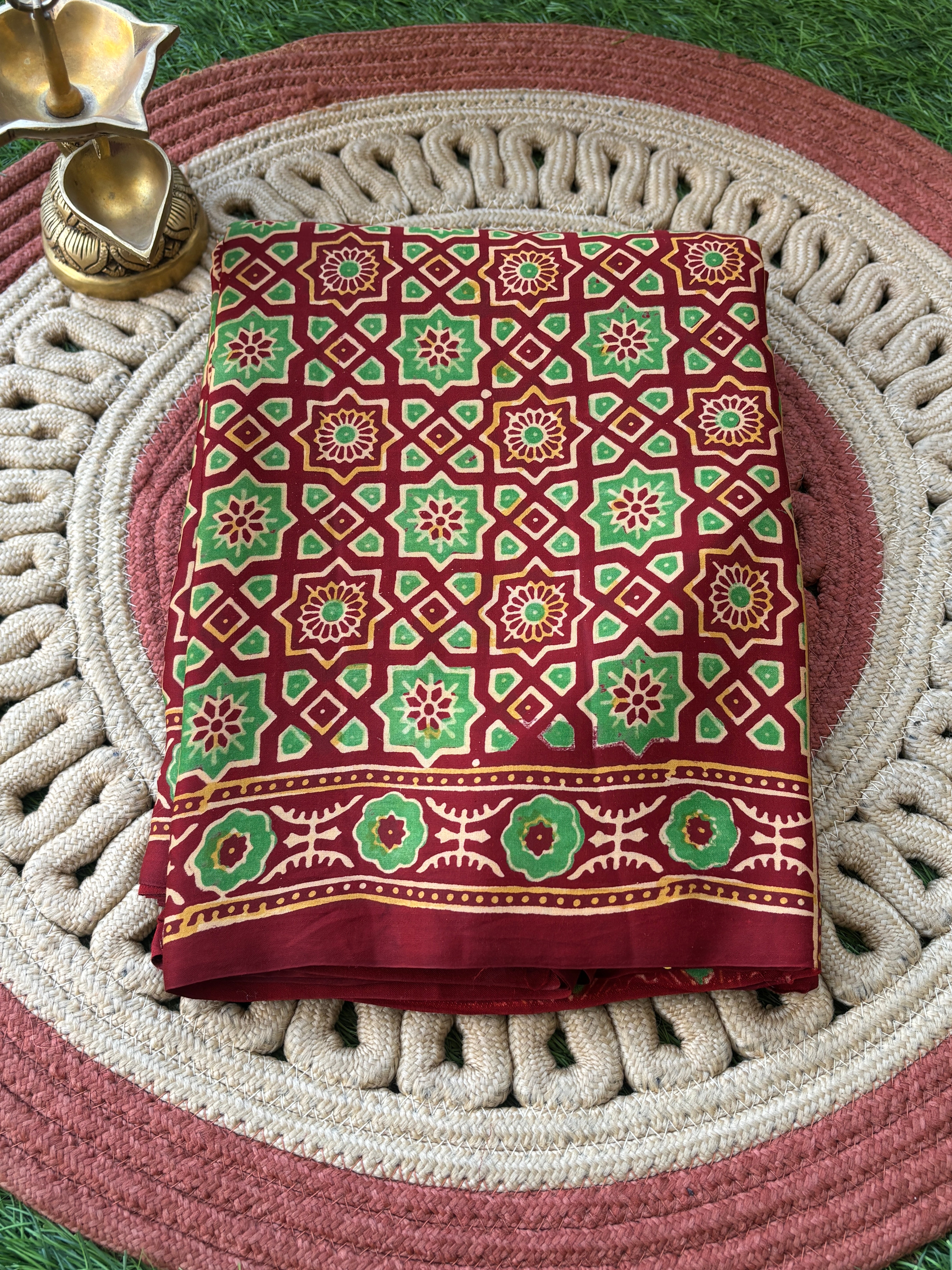 Maroon saree Pure Modal Silk Ajrak Hand Block Printed Saree with Lugdi Patta in Red & yellow