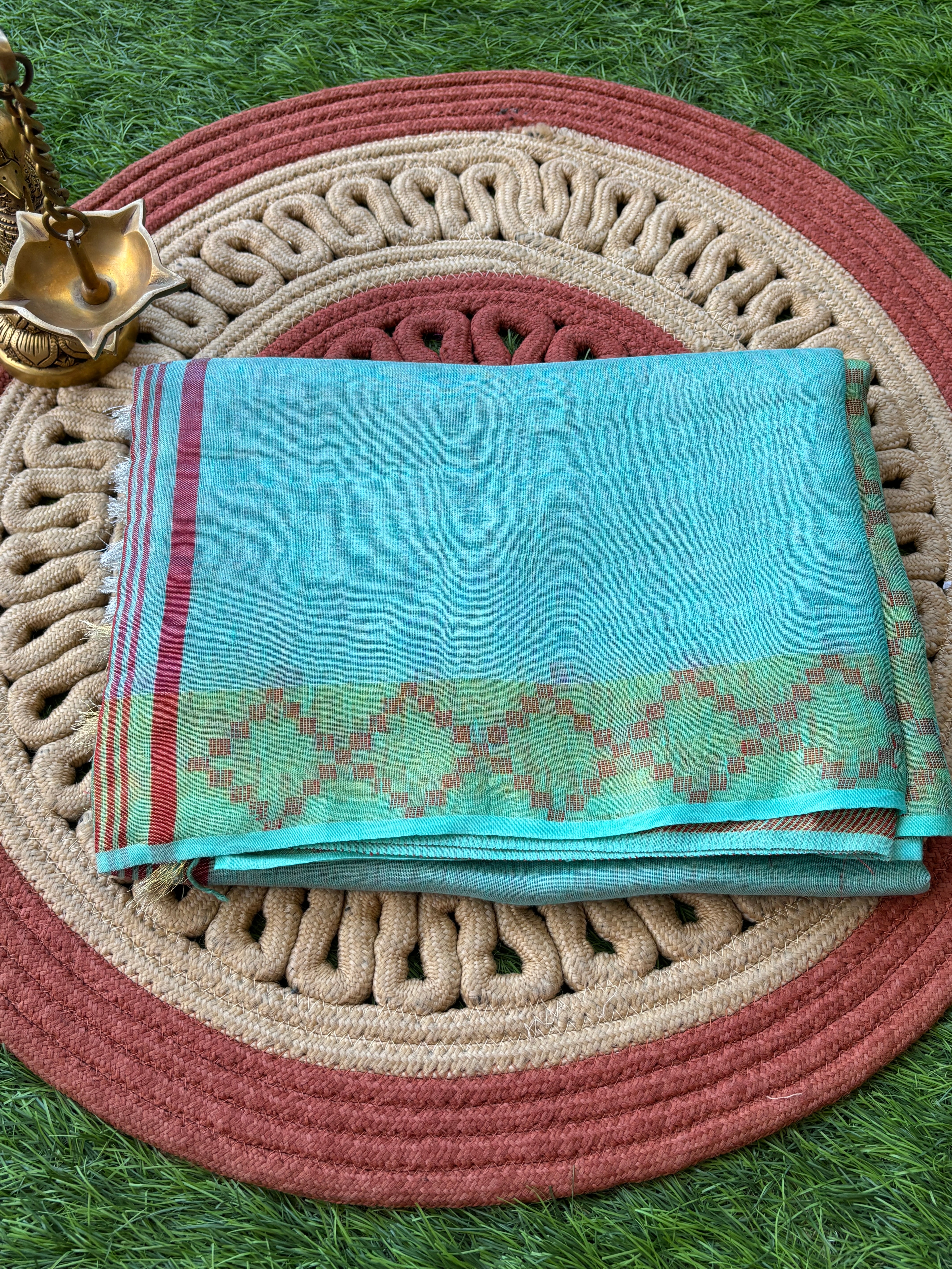 Blue Pure Linen Tissue Saree with Ajrak Pallu & Ready-Made Blouse | Chandrika Lifestyles