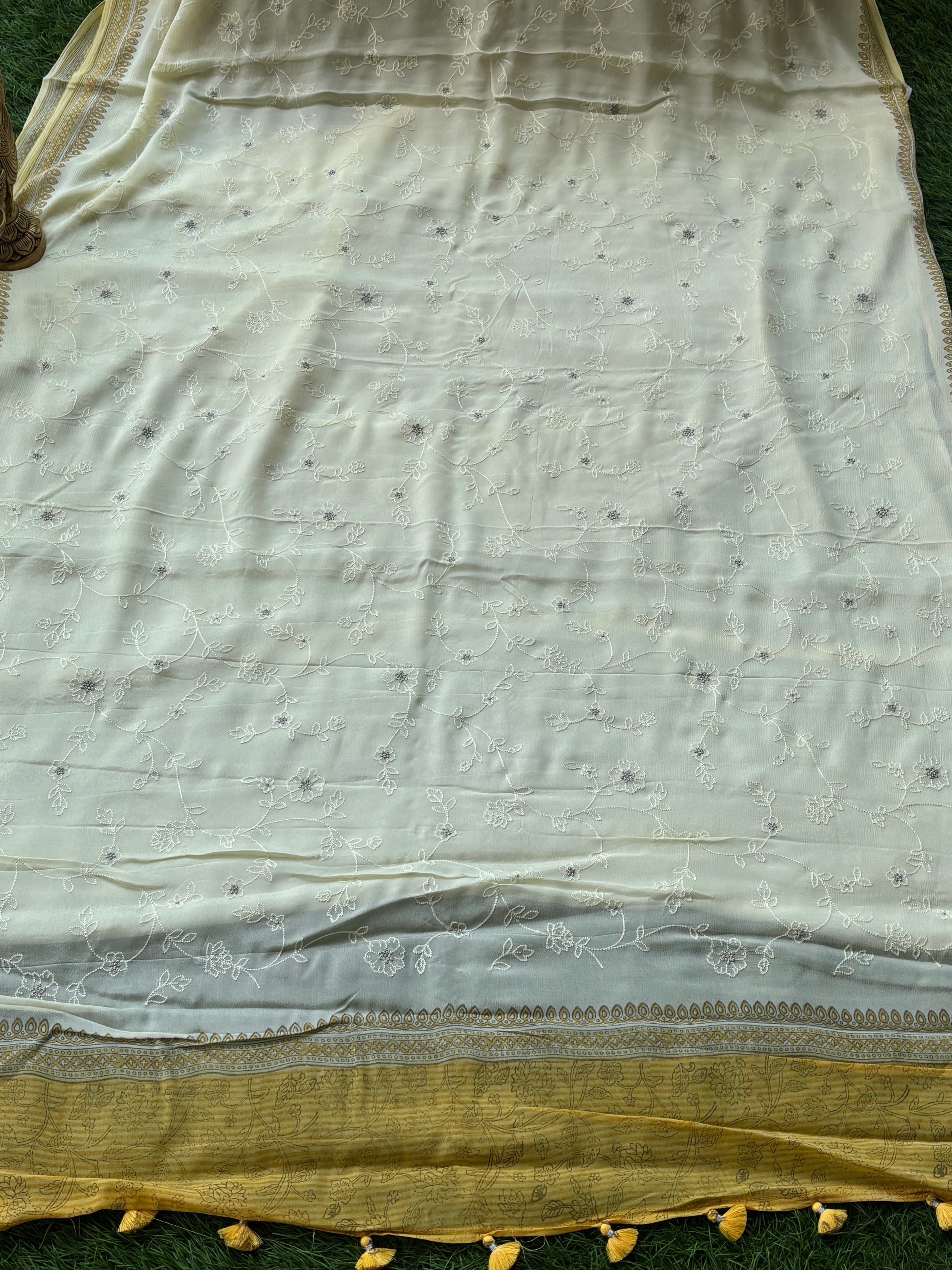 Lemon Yellow Chilia Silk Saree with Allover Silver Butta | Chandrika Lifestyles