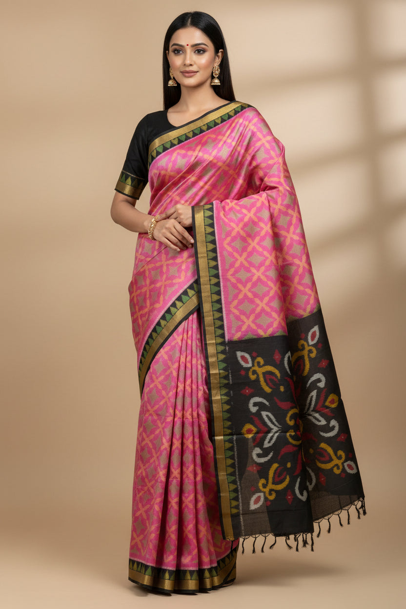 Pure Silk Jamuni (Purple-Pink) Ikat Saree with Black Border and Black Ikat Pallu